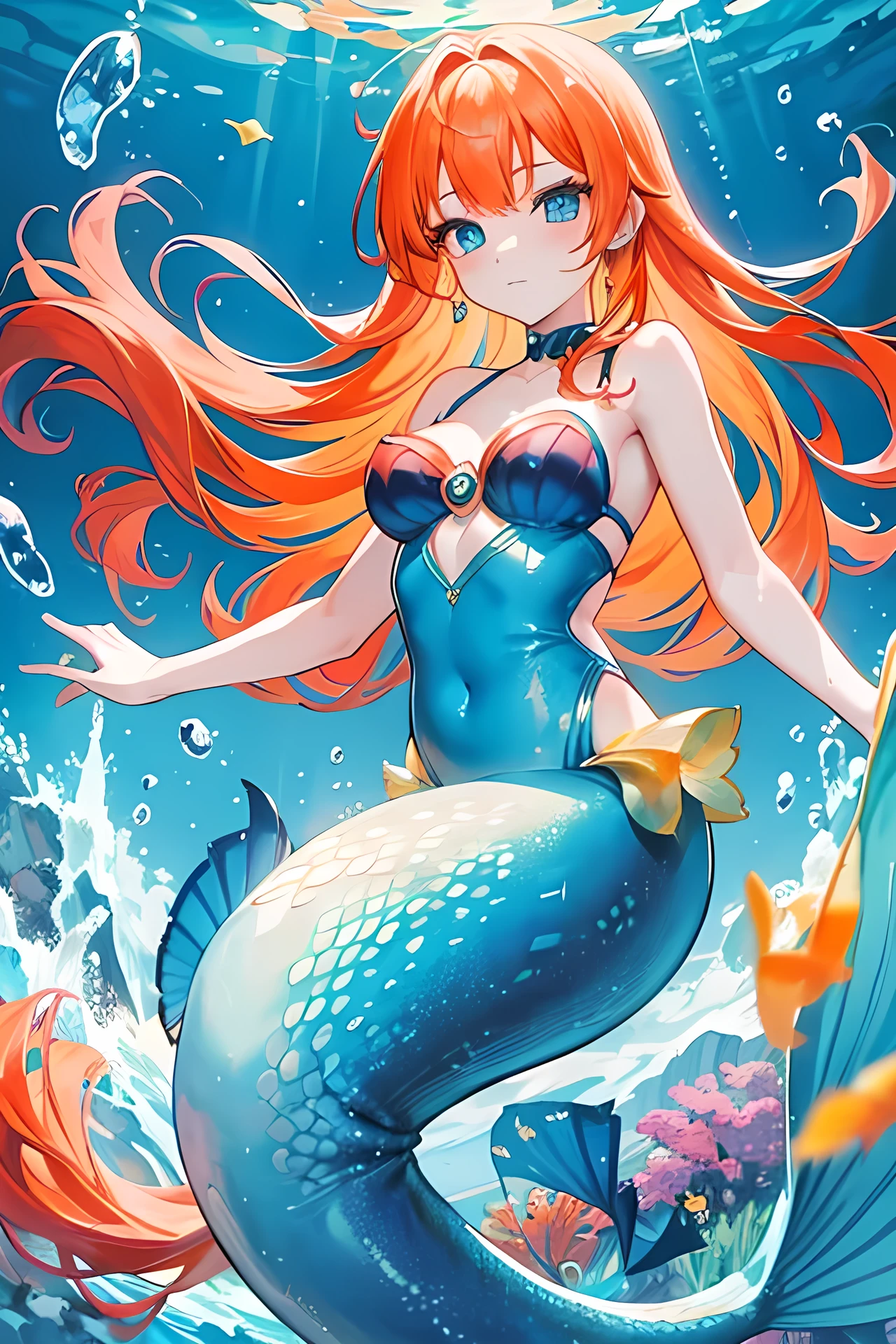 beautiful illustrations, highest quality, pretty girl, seaside、 pastel colour ,orange hair, green eyes、between legs、smile、blush、hands behind、mermaid、Fish fin、big breasts