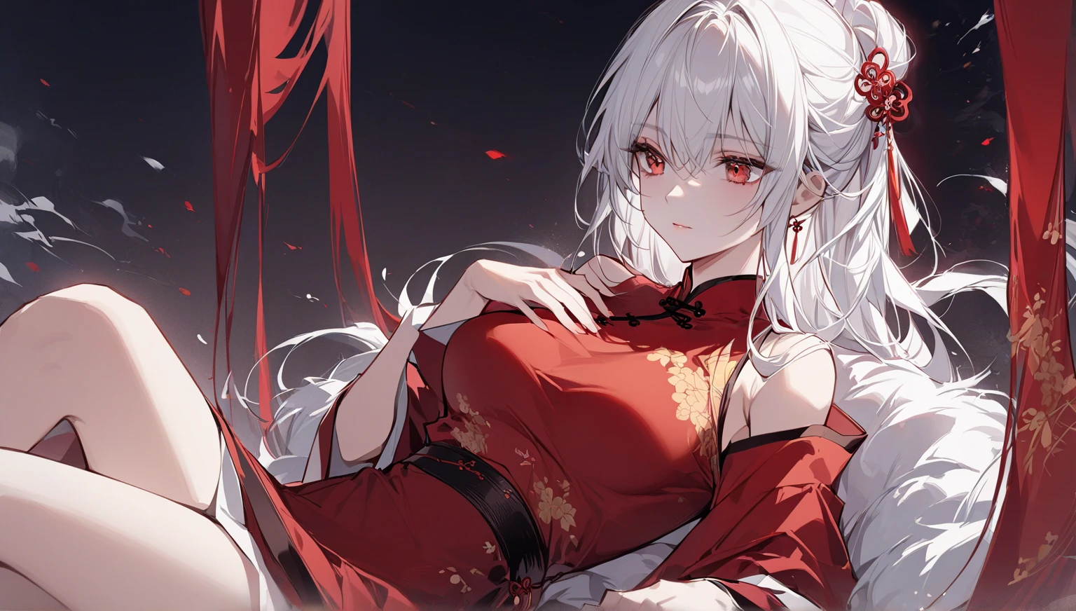 (Highest quality, masterpiece:1.2), (High resolution, 最高masterpiece).(difficult).Very detailed, Realistic:1.37, Fantasy, An illustration,Gray Hair、 Red eyes、Queen, White and blue dress、beautifully、Eyeshadow Red、Thick eyebrows、Long eyelashes、pupils are black、shiny on the lips、Top Sites、Queen、Princess、A kind smile、Show your teeth a little and smile、Soft impression、people々々々々々Loved by、(Slimming the face).Shoulder Bare、ponytail、Kissing Face、Long white hair、Shaggy Bangs、(Save face image).((Red lace dress))、(Gold decoration).