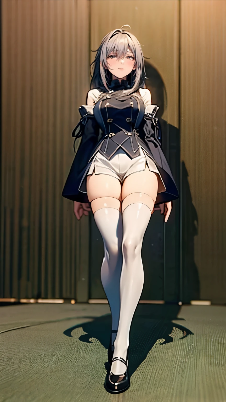 1girl, (angry), white hair, ((hourglass figure)), ((black tights)), (black pantyhose), (from below), looking at viewer, ((thick thighs)), ((pussy)), (nipples)