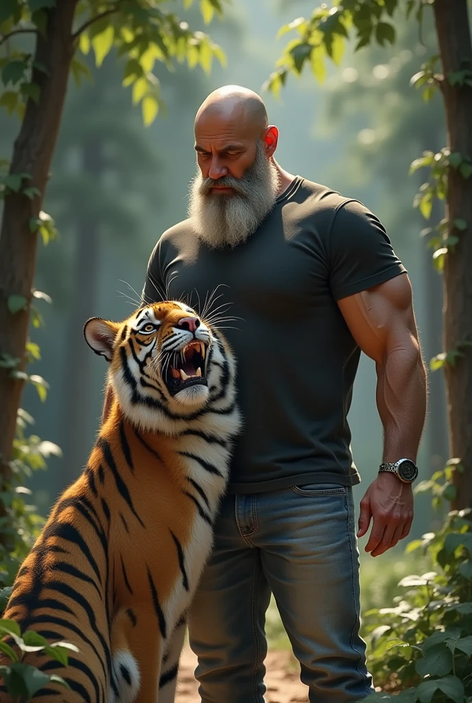 AMLO shirtless sitting with a tiger tied to a chain Make the gentleman look more like Andrés Manuel López Obrador 