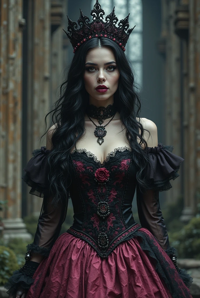 A beautiful woman, hourglass figure, large breast , long black hair, black lipstick, blue eyes, seductive Goth style with Goth jewelry, wearing a (ornate Victorian corset in Duotone [red and black] style:1.3), standing in a cemetery  in the early at night under a full moon, (Fogcore style:1.3), (full body:1.3), hyper realism, 8k high definition, vibrant colors, sharp focus, insanely detailed