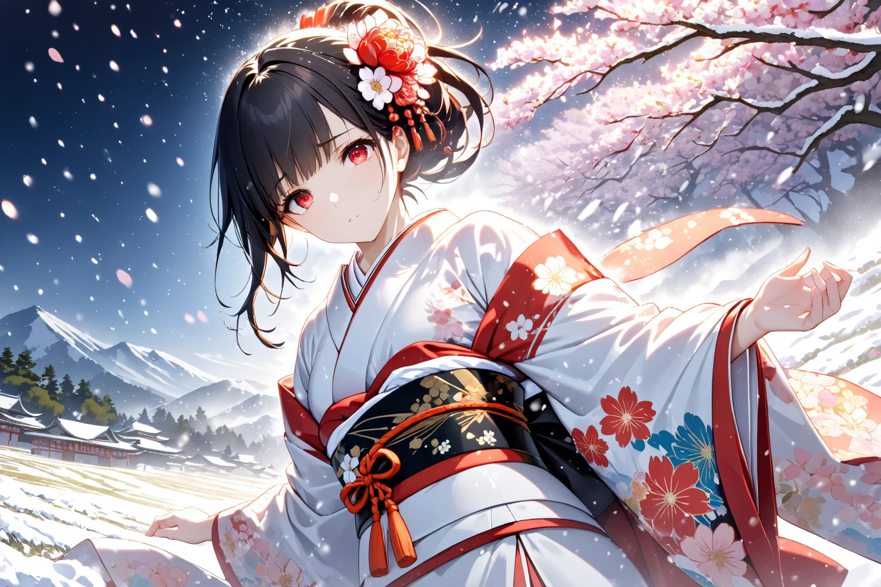 masterpiece, best quality, extremely detailed CG 8k wallpaper,Maximum facial details, Maximum detailed textures, Maximum detailed shadows, Maximum detailed backgrounds, 
BREAK,
a girl,solo,beautiful,(pastel tone:1.2),sorrowful,white pastel,(white furisode with gorgeous floral print:1.2),gold and black obi sash,black hair,hime cut,((red eyes)),closing mouth,((Stretch her hands out in front of her)),folded ponytail,kanzashi,white flower hair ornament,(heavy snowing:1.2),
blue sky,(snow field:1.2),background,white ink drawing background, dynamic pose,dynamic angle,(dramatic lighting:1.2),((cherry blossoms blizzard)),shower of blossoms,mist,(powder light:1.3),