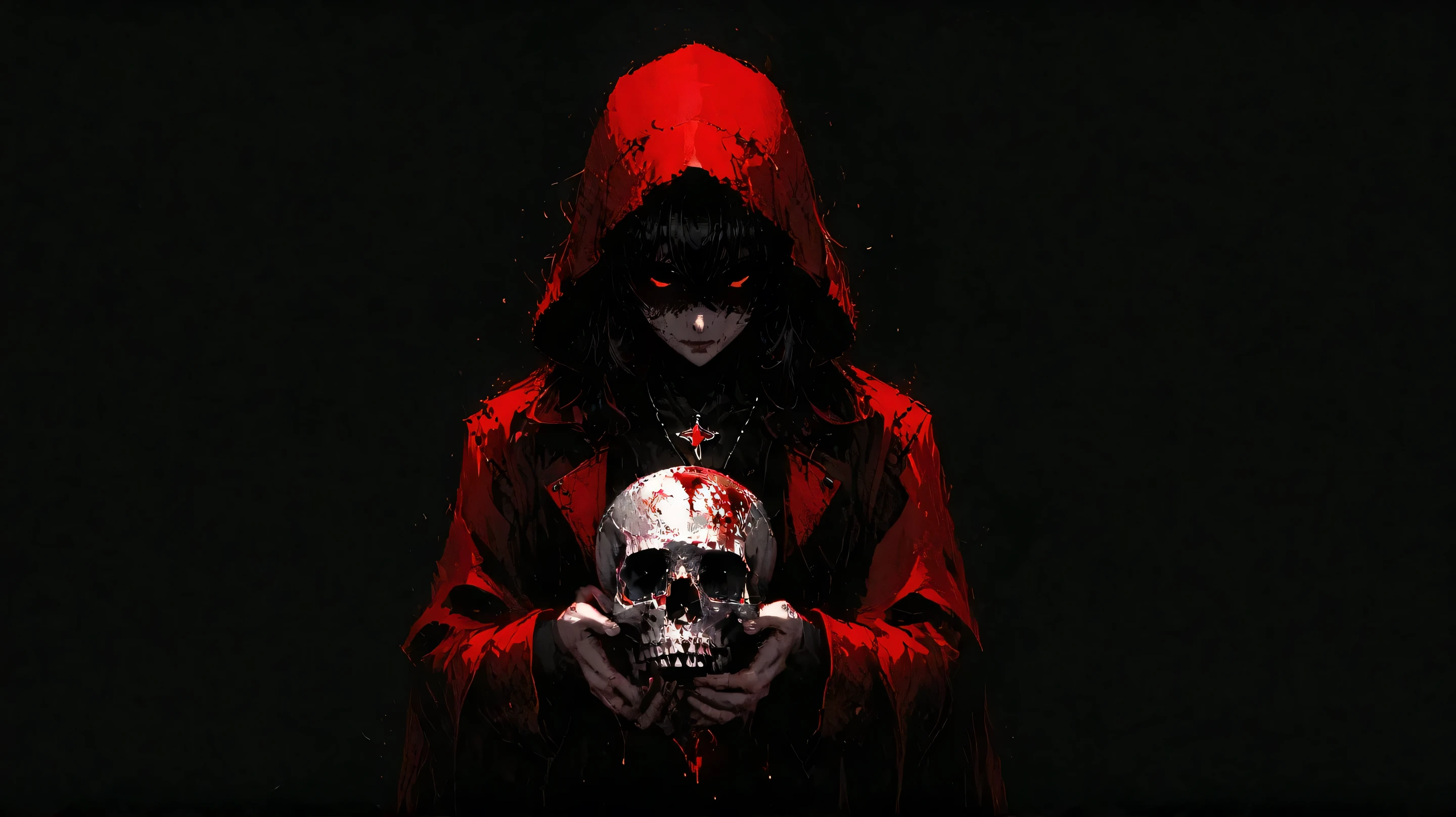 pixel art style, totally black background, red hooded trench coat, deep red trench coat, blood red, faceless, pentagram pendant, holding a skull in hands, front view, flat background
