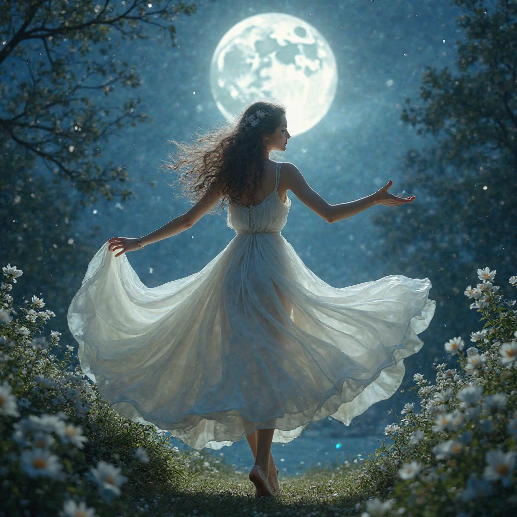 Naked girl dancing in the moonlight 