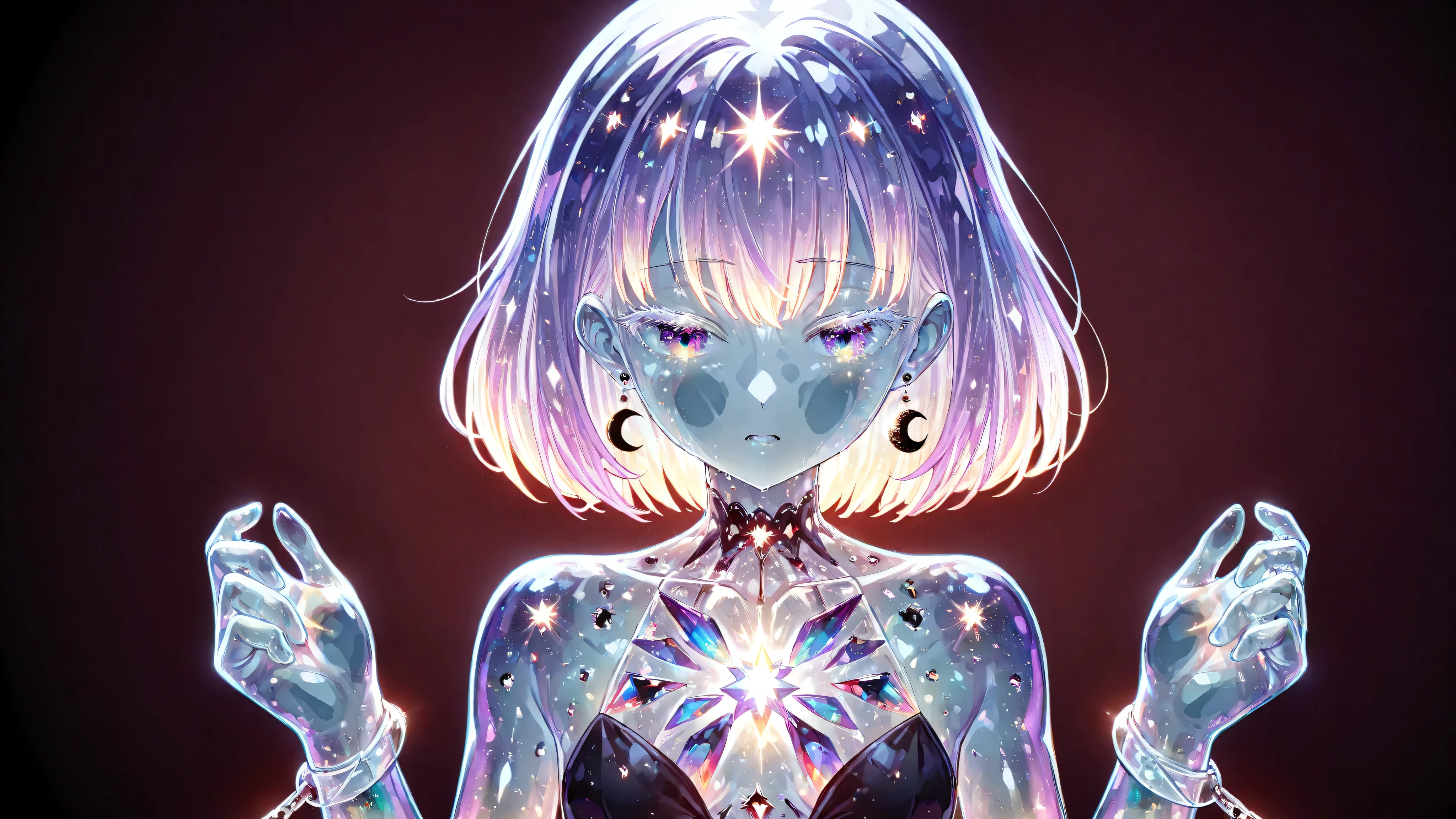 1 girl, masterpiece, high resolution, top quality, Textured skin, about 20 years old, Boyish, (be restrained), plump skin, glowing skin, only one, white and purple gradation hair, white eyelashes, small breasts, painful expression, hot, crescent earring, Anime Style Illustration, glass skin, Optical refraction, reflection, glitter, prism ray, An anime-style character with a fully transparent, glass-like body. The character's skin reflects light like smooth, clear glass, with subtle highlights and refractions. The body is hollow inside, with no internal organs visible, and the surrounding light passes through, casting delicate shadows and reflections, A girl with transparent skin whose body is made of glass, ((girl made by glass)), (transparent body), wearing universe dress, High Contrast, Colorful Eyes, Seductive, Luminous Hair