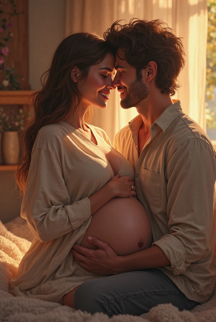 imagine an intimate and warm scene where the woman is sitting or lying comfortably, with her rounded belly clearly visible. Her husband is kneeling beside her, gently resting his head against her belly, his eyes closed or with a look of wonder. The lighting could be soft, creating a serene atmosphere that highlights the love and anticipation shared by the couple.