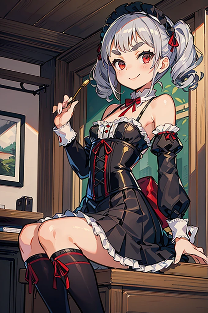 all realistic intricate details, masterpiece,detailed face,detailed skin,detailed eyes,shiny skin,shiny lips,highest quality,.syr Flova, gray hair, syr,maid headdress, green long dress, (((miniskirt ))),apron, smile, Happy, closed mouth, holding tray, bar, Shoulder bag,sitting,beautiful thighs,slender,white lace panties,white garter belt ,lift skirt,slim thighs,clothed,