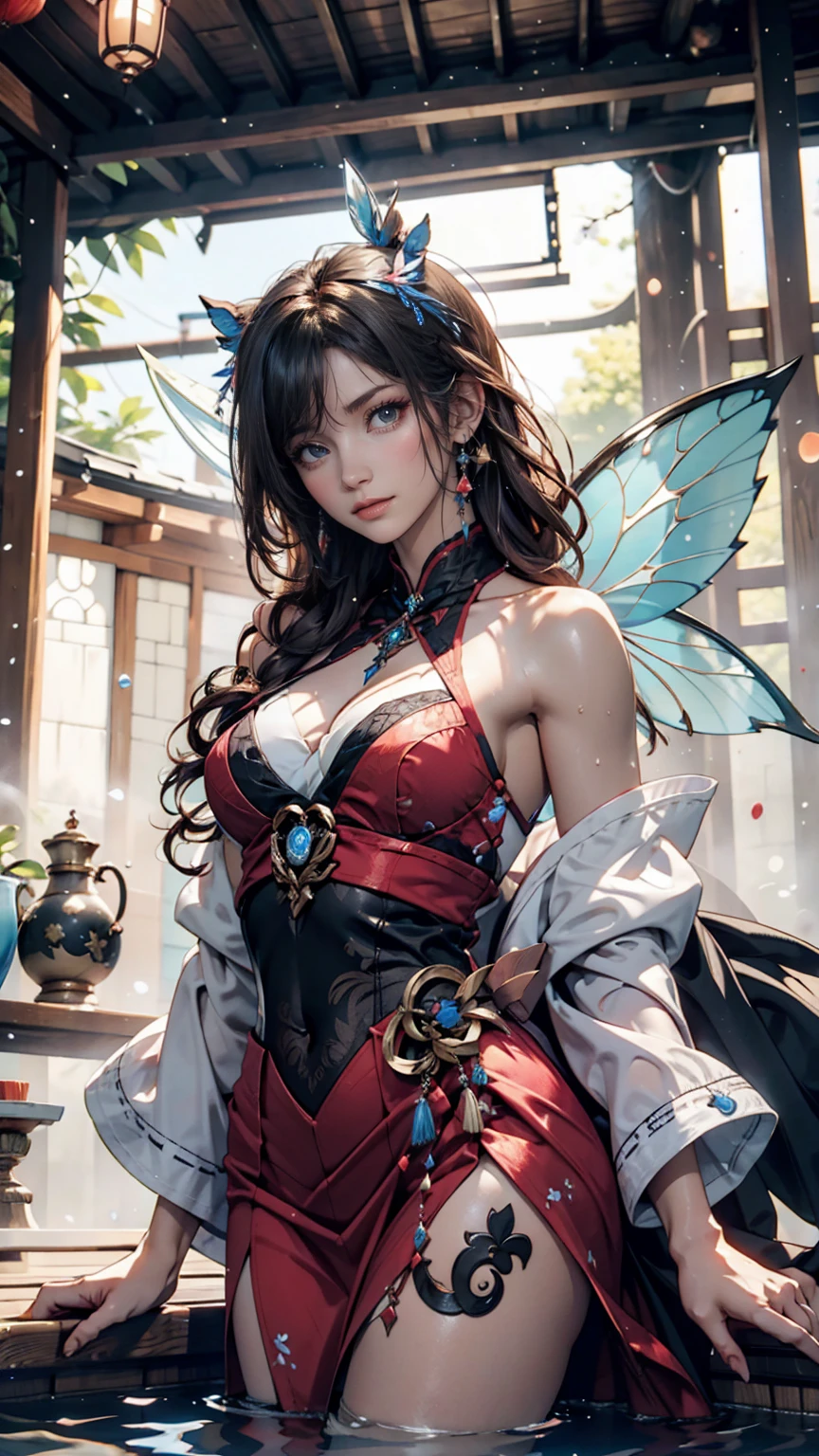 shinobu, Kimetsu no Yaiba manga, 1 girl, smile gently, play with butterflies, dynamic angle shot, ultra detailed, ((hyper realistic)), glittering, moon light, RAW photo, full shot, wide shot, sexy, big breasts