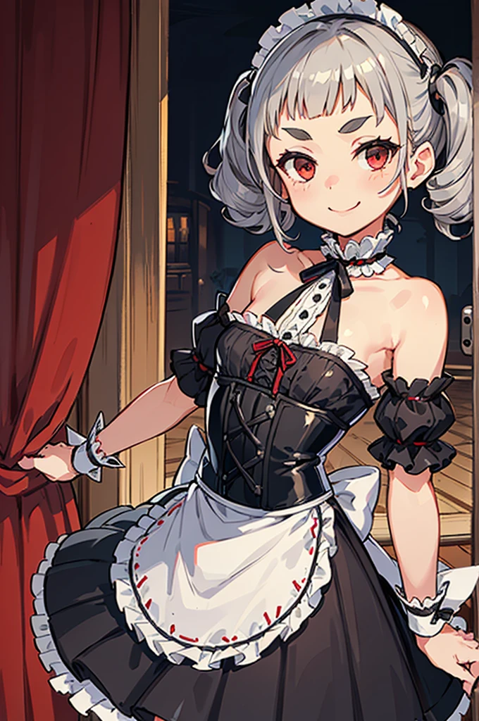 Masterpiece, Perfect hair, Backless V-line maid costum, girl, white skin, Pendant, Smile, view from front body, view from bac, all body shot, collar,