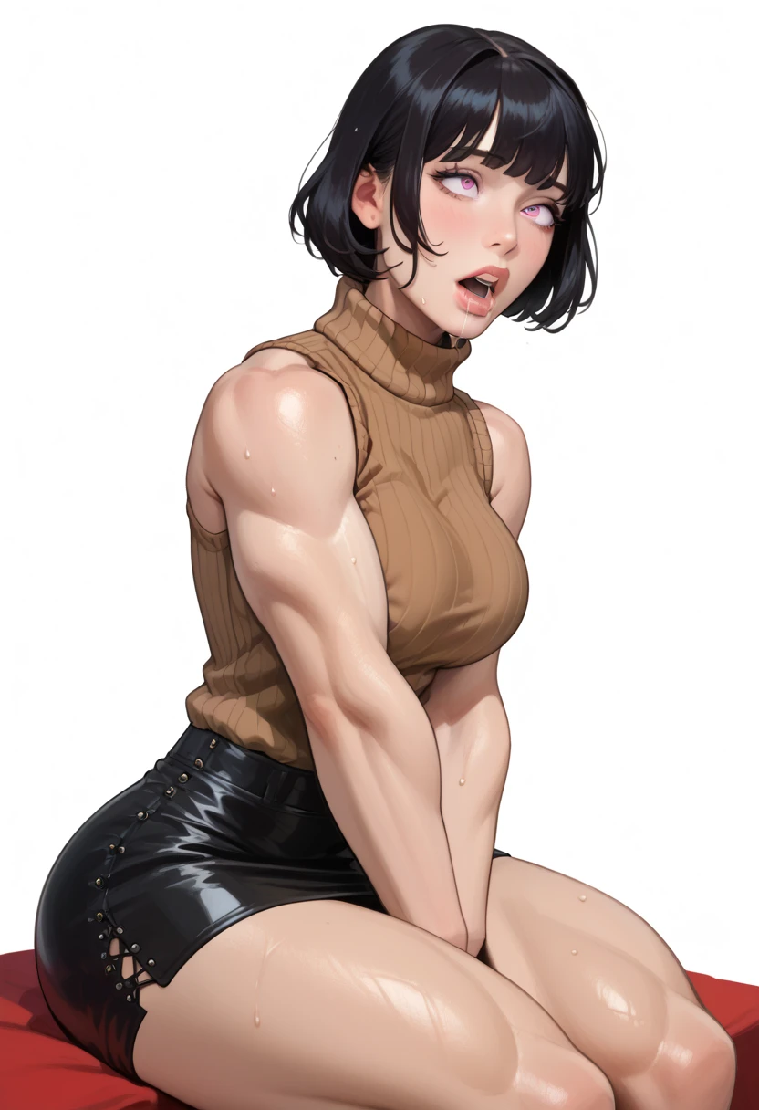 sad frown muscular girl muscular girl black hair yellow eyes pale skin breasts full body squatting, dirty, naked, massive cock with phimosis leaking precum, big testicles.
