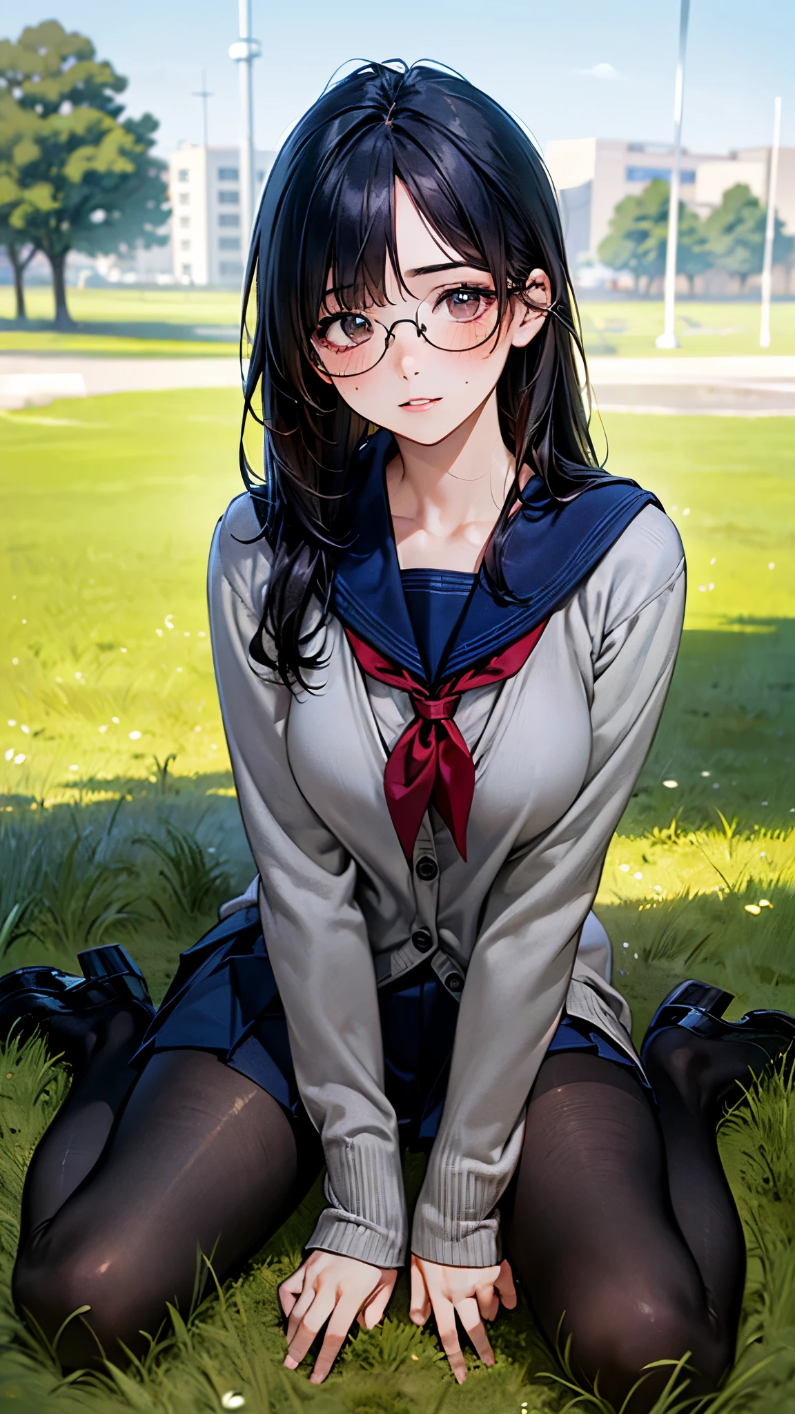 (highest quality), Super detailed), (Ultra High Resolution 8K), High-definition facial beauty, ((Skirt Lift)), A plain girl with glasses, (Big Breasts), (Looking up, averted gaze;1.2), Detailed sailor suit, Showing panties , (Blushing, Embarrassing), Very hot day, Shade, ((, Sit down)), Makoto Shinkai Cyril Rolando