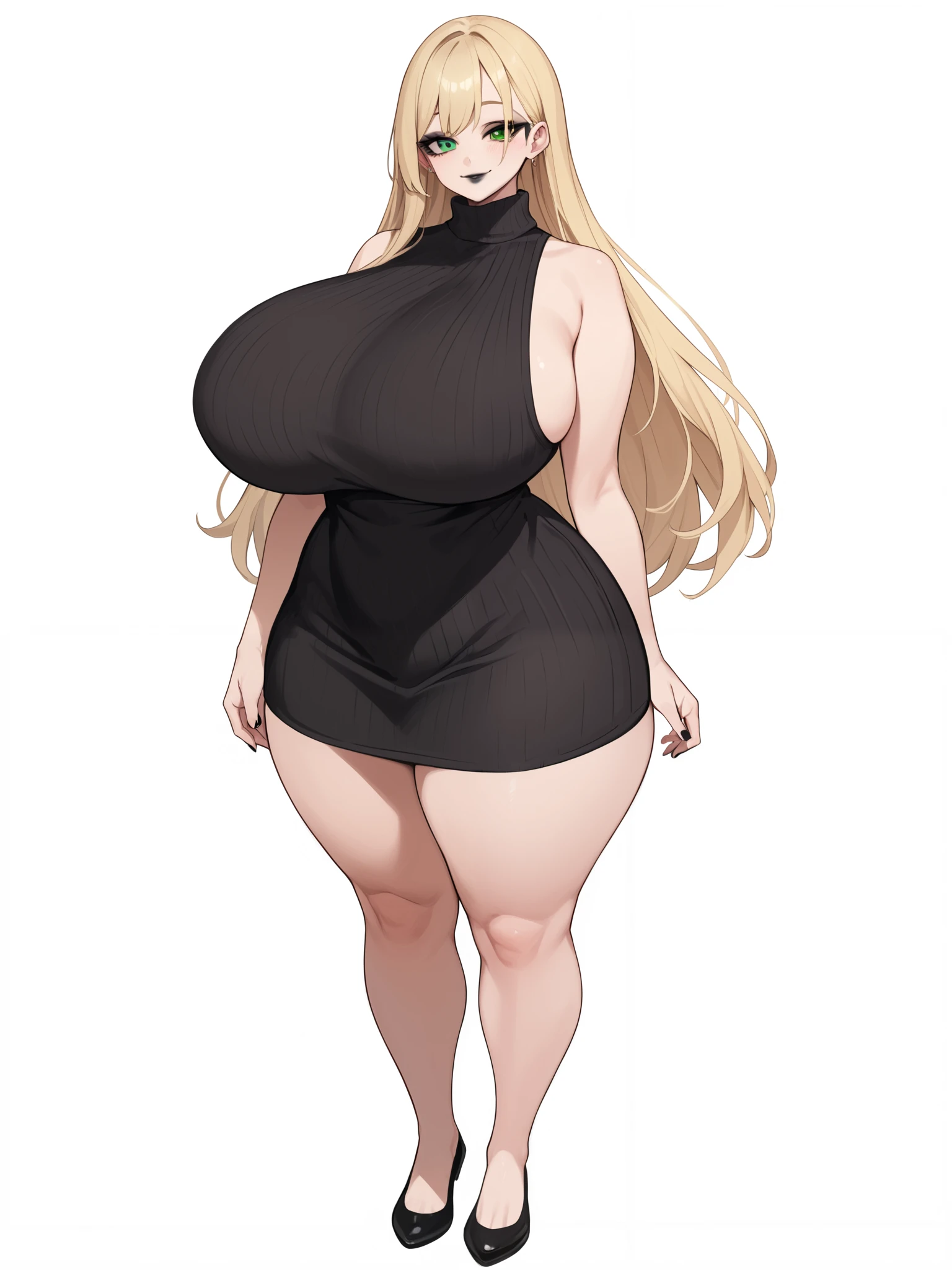 1 woman, middle aged, tall, cute anime woman face, extremely high quality, high quality face, perfect eyes, perfect body proportions, mature body, huge massive breasts, giant large ass, giant hips, huge absurdly thick thighs, green eyes, looking at viewer, long blonde hair, wearing black sleeveless sweater dress, black lipstick, dark eyeliner, solo, cute anime style, completely white background, full body photo, standing,