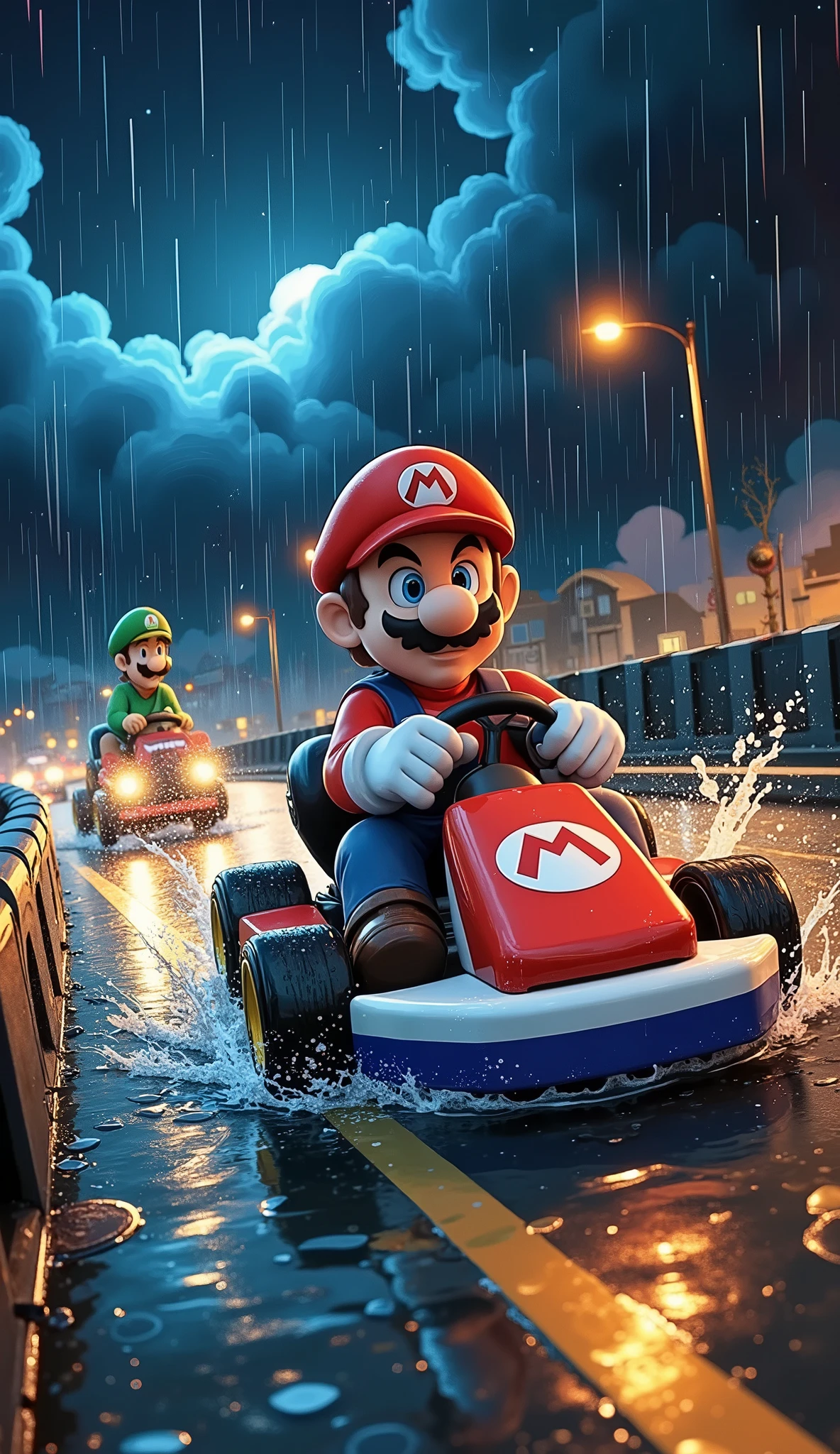 (top quality, 16k、winning work、Detailed depiction, anime:1.8), マリオとルイージ are racing on mario carts on a rainy highway、night、 headlight on 、Rain Circuit、Heavy Rain、Night Racing on a Rainy Highway、Mario cart that splashes of water and runs、Monaco