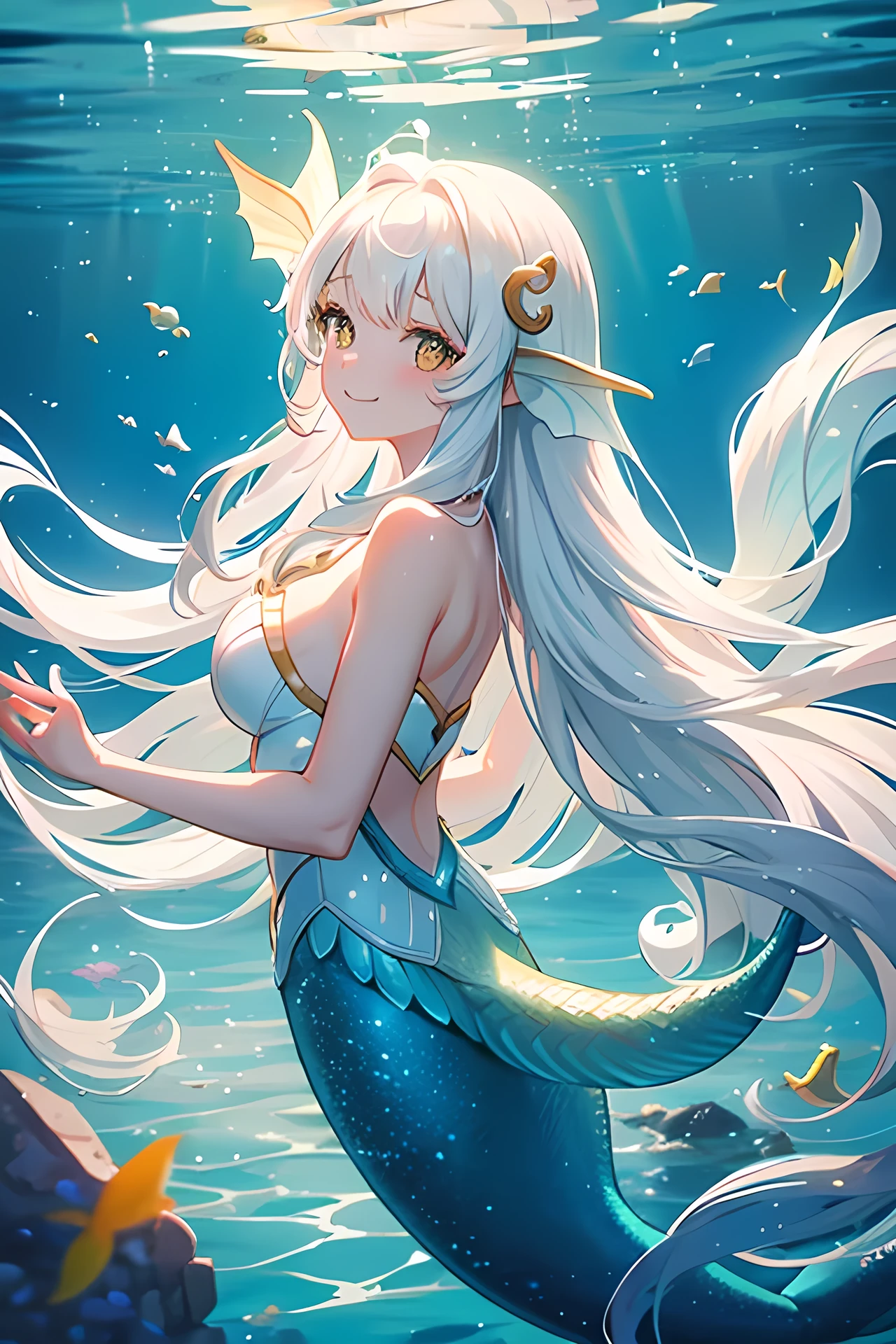 (((tmasterpiece))), 4k resolution, higly detailed, (((extremely detailed eyes))), Detailed background, 电影灯光, crystal clear eyes, 1girl, hiquality, hight resolution, ultradetailed, 8k, beste-Qualit, 1girl, 独奏, ombre, back light, light particles, Thick Eyelashes, thick-thighs, (tmasterpiece: 1.3), (beste-Qualit:1.2), (super fine illustrations:1.2), (tmasterpiece), hiquality, higly detailed,(SOLO:1.4),((round image)), Look at the viewer, body complet, mermaid, mermaid tail instead of legs, White long hair, Odango hairstyle, Cyan eyes, background: beautiful water and white flowers