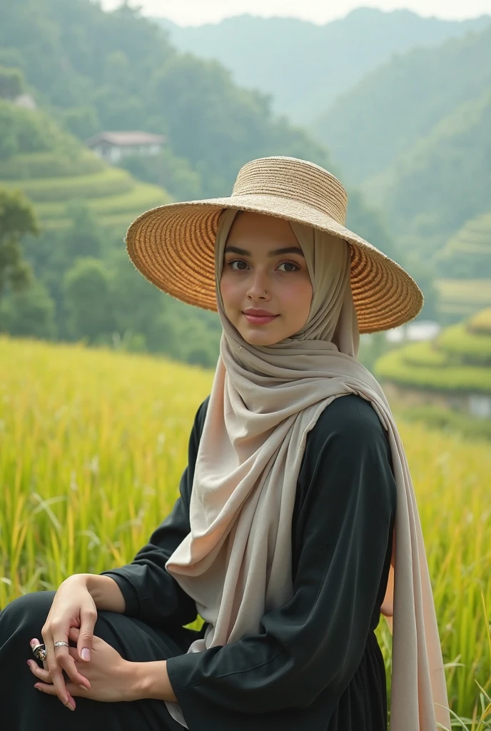 A woman with long hijab flowing sitting on the wooden chair in a field with dry grass, wearing a flowing cream overall jeans and wearing a large hat and holding a bunch of dry plants. The person's face is smiling looking at the camera. The sky is overcast, and the overall color palette of this image tends towards soft earth tones.