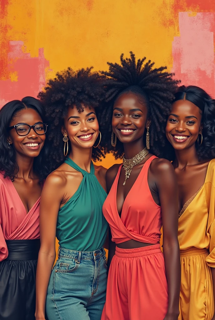 3 Afro-Brazilian women in a historic center with colorful houses , wearing an open shirt with a floral print, with a close-up capturing the harmonious beauty between her breasts and the leaves, showing off your natural charm and outgoing personality. With an open watermelon