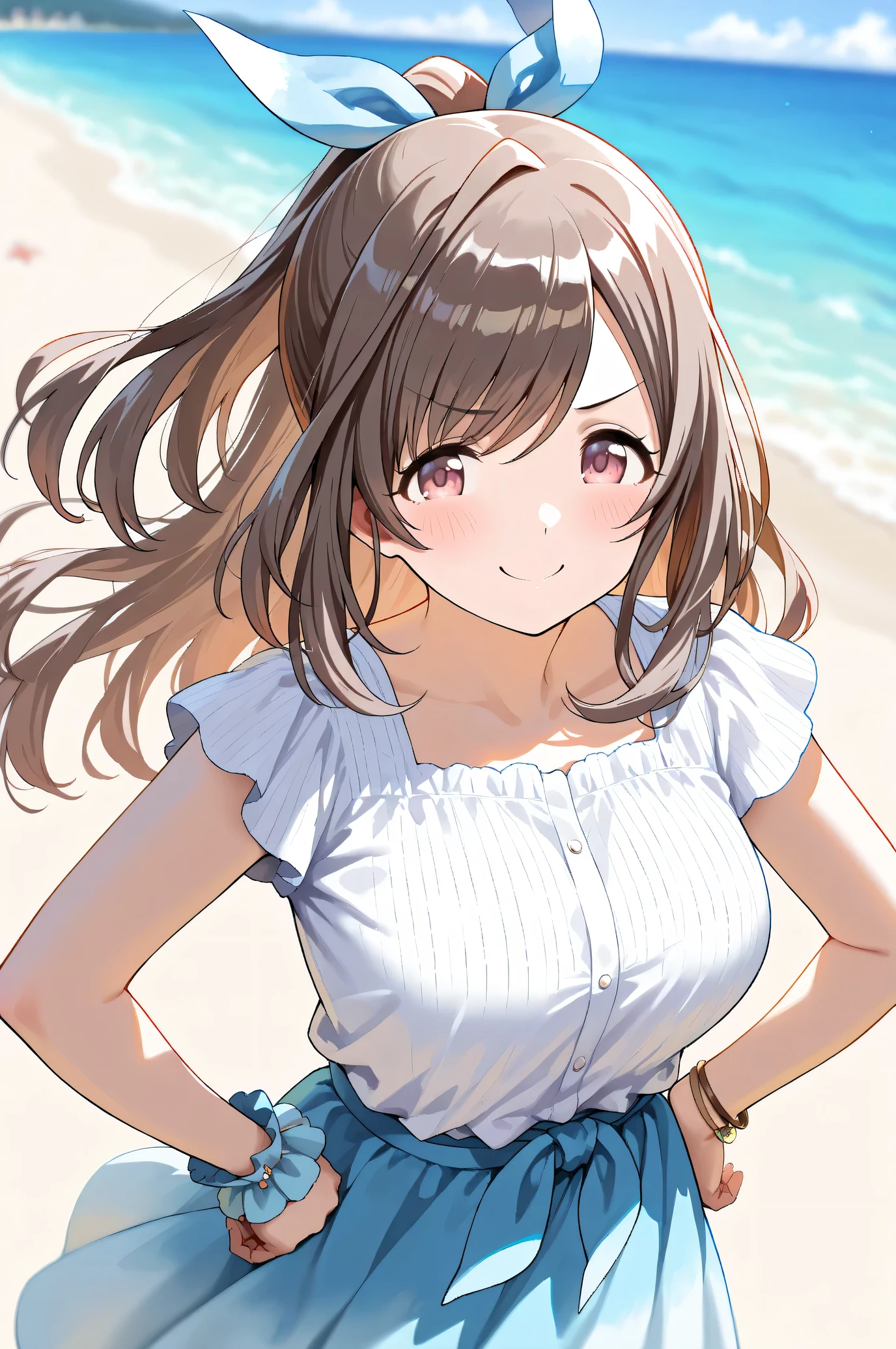 (Masterpiece:1.2), (Highest quality:1.1),
(Very detailed), (The best shape), (Best shadow), (Absurd), (Detailed Background), (So beautiful),
Shiny, Extraordinary, Countershading, 8k, 32K,
High resolution, Very Detailed CG, UHD,
Score_9, Score_8_up, Score_7_up, Source_anime,
(Pastel painting:1.2), (Watercolor painting:1.2),
(Masterpiece, Detailed:1.2), (Foreshortening:1.2),
Cinematic, Dramatic, (Depth of field:1.4),
(Blurry background:1.4), (Realistic background:1.4),
1 girl, Solo, Dynamic angle,
Outdoors, (Coast:1.2), Beach, Wind, (Blue sky:0.8),
Tsukioka Kogane,
the idolmaster shiny colors,
(Brown hair:1.1), Ponytail,
Hair ribbon, Light blue hair ribbon,
(Casual wear:1.3),
(Linen color shirt:1.4), Ruffled cuffs, (Shirt hem:1.2),
(Shirt with tied ends:1.3), short sleeves shirt,
Skirt, Blue skirt, (Gradient skirt:0.8),
Bracelet, Wear a bracelet on her right hand,
(Blush:1.3),
Close up shot,
A smug expression, doyagao, Hands on hip, Be proud,
(Close her eyes:1.2),
Focus on face,
Realistic skin,
Shiny skin,