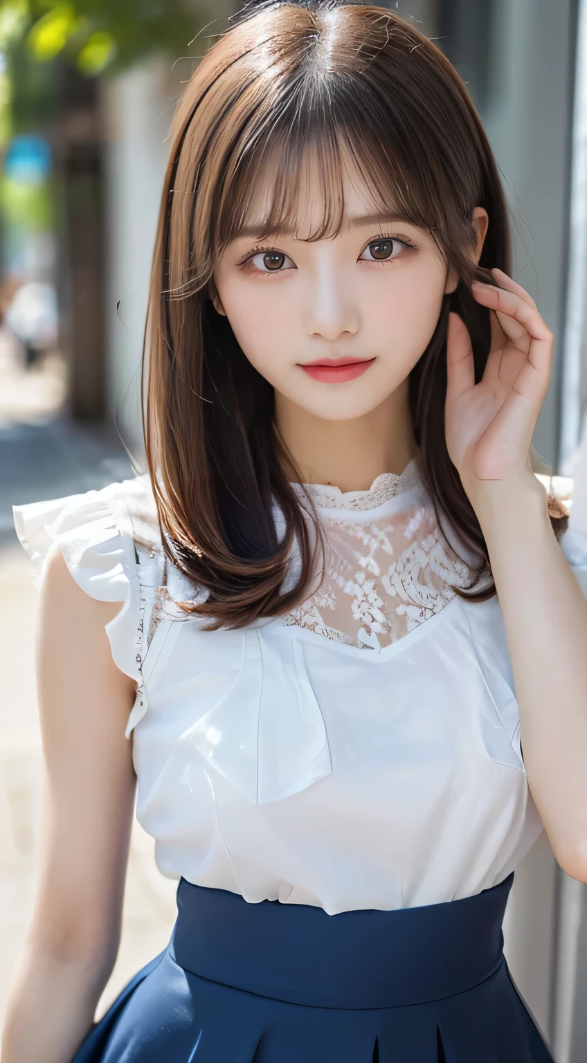 (beautiful girl、cute face、stares at viewers:1.3)、top quality,8K image、 perfect double eyelids、happy、natural color makeup、Moist lips、white skin、(straight hair、medium hair、straight hair, Strongly Blurred White Background 、white camisole、 frill、Midi Skirts、blue lace skirt、summer:1.3),