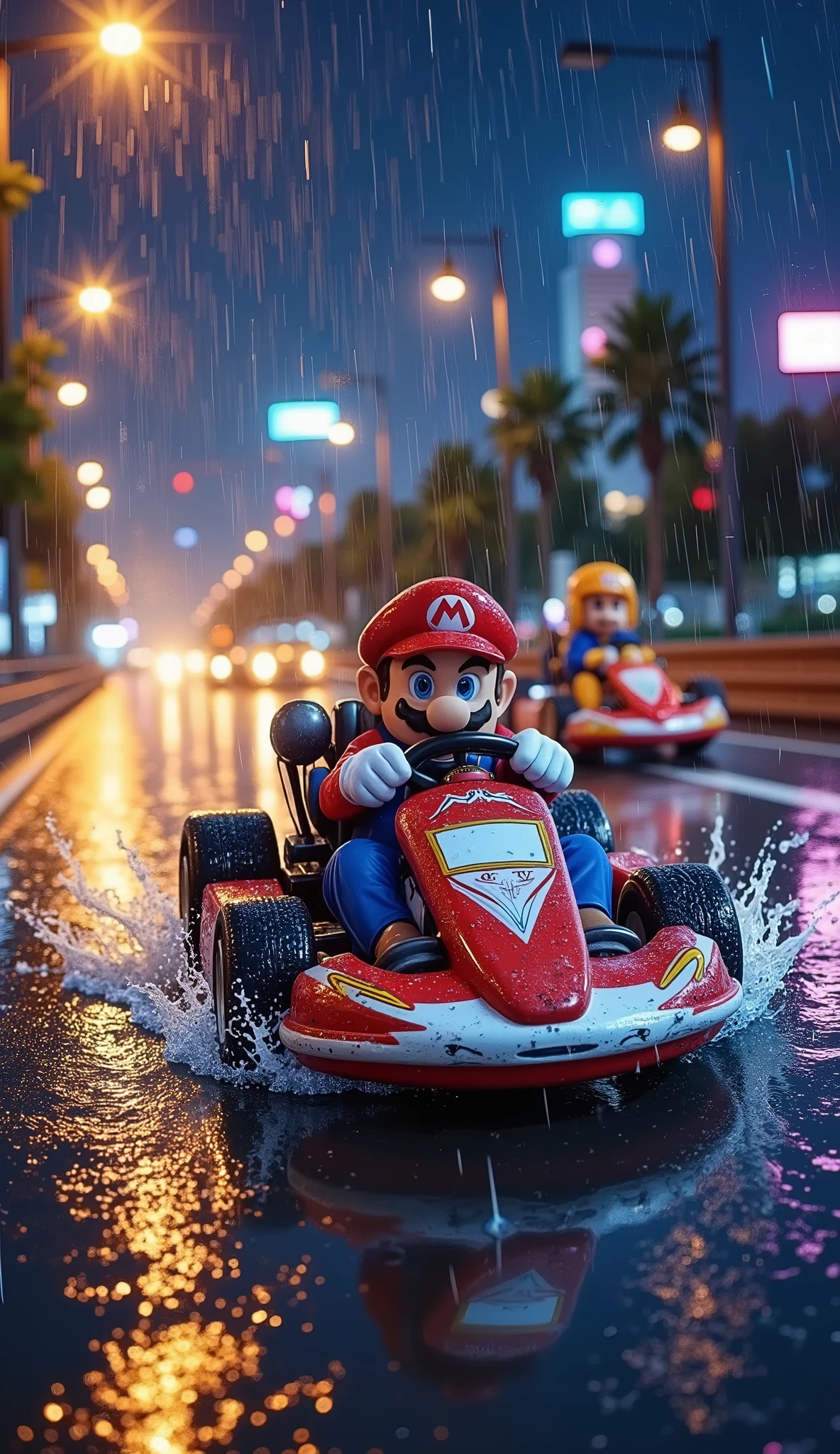 (top quality, 16k、winning work、Detailed depiction, anime:1.8), マリオとルイージ are racing on mario carts on a rainy highway、night、 headlight on 、Rain Circuit、Heavy Rain、Night Racing on a Rainy Highway、Mario cart that splashes of water and runs、Mr.々That gimmick 、Obstacles