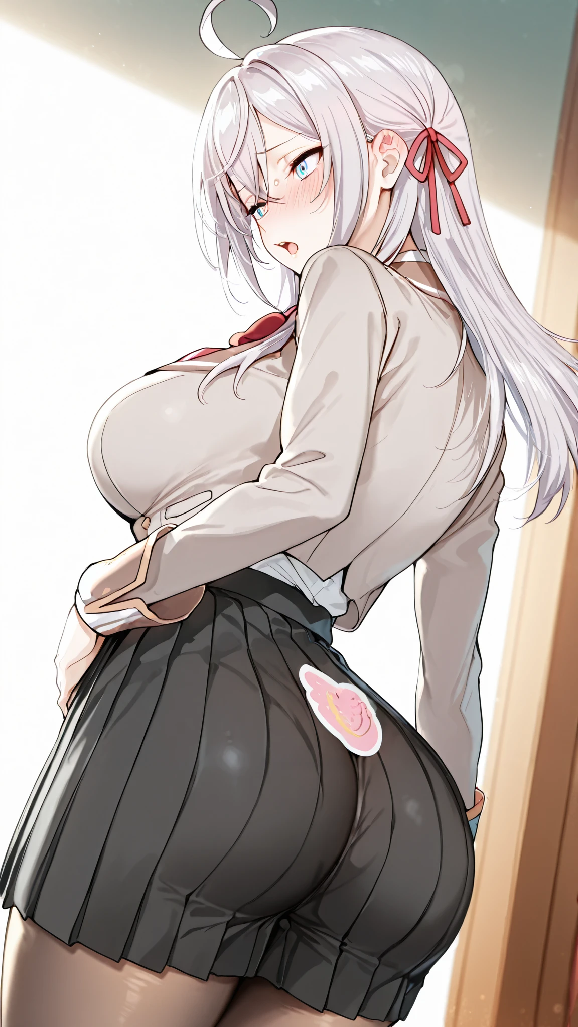 Solo, girl, alisa mikhailovna kojou, alisa hair, school outfit, white stokings,Blue eyes, blush, proud,ribbons, Big breast, perfect tights,hd, score 9, másterpiece,Open mouth, bangss, mechón de pelo, red ribbon,details, hd,8k, perfect, absurd, magnific, around ass, white stokings, half tight
