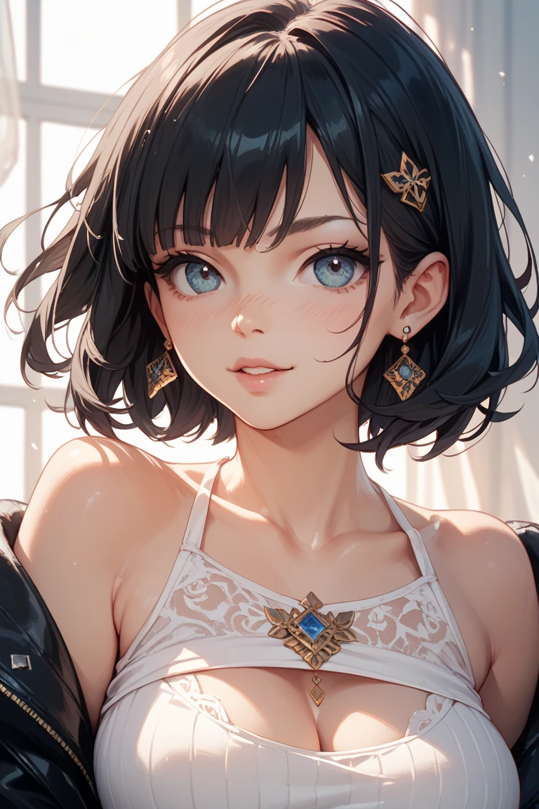 （best qualityer，8K，32k，Masterpiece artwork，hiper HD：1.3），1 piece of giant，perfect bodies，super detailed face，bust photo，breasts big，Bblack hair，blue clothing，close-up of the upper body，he used to smile，looks at the camera，neckleace