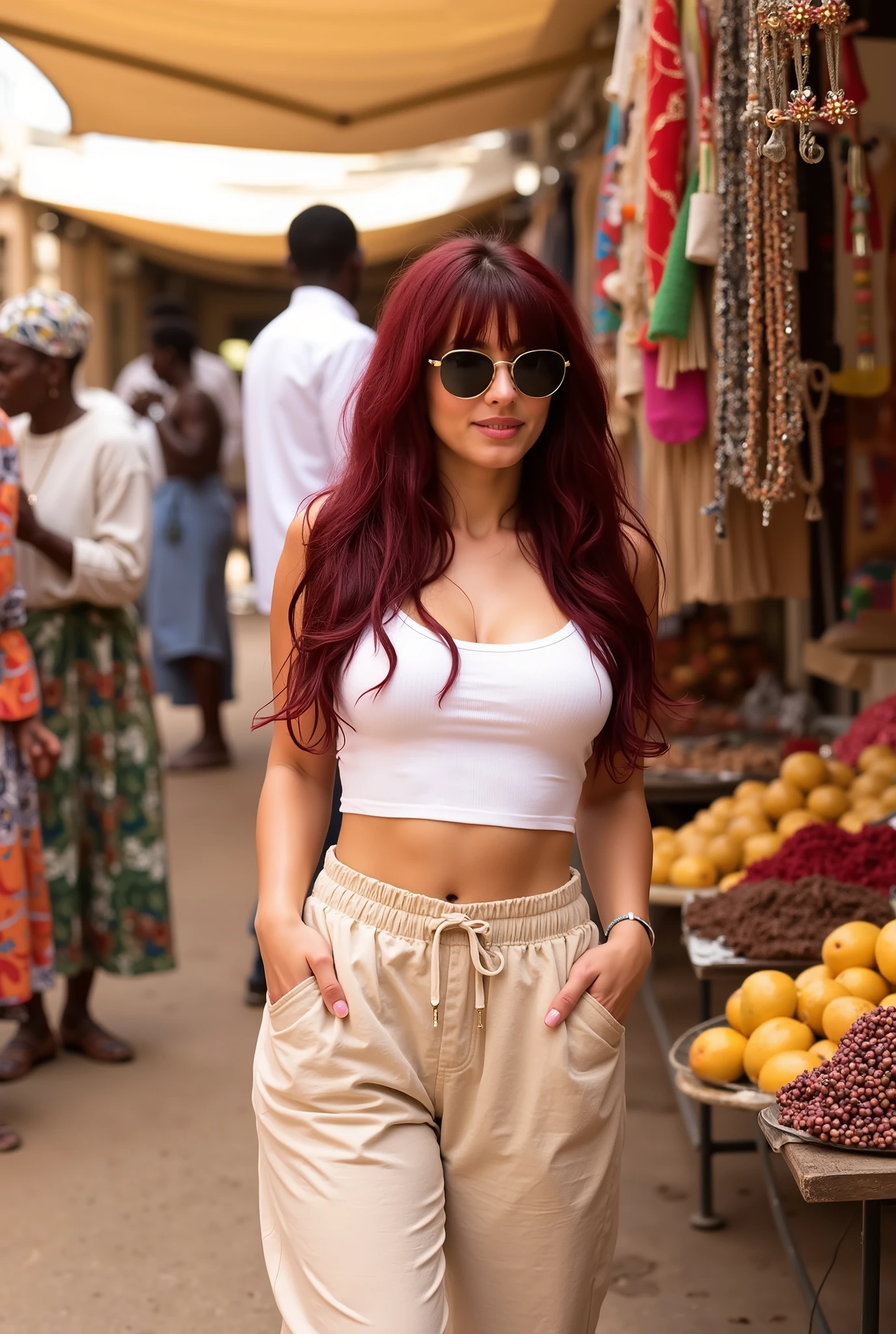 A **hyper-realistic, lively street photography shot** of a **lightly curvy white caucasian woman with long, wavy dark red hair and soft bangs**, standing in the heart of **Marché Kermel, a vibrant market in Dakar, Senegal**. She wears a **fitted white crop top, high-waisted beige linen pants, and stylish sunglasses**, her **expression one of curiosity and delight** as she examines a selection of **handcrafted jewelry and colorful fabrics**. The **market is bustling with vendors in traditional attire, displaying fresh fruits, aromatic spices, and artisanal goods**. The **rich colors of the textiles, the golden tones of fresh mangoes, and the deep reds of hibiscus flowers create a visually stunning, dynamic atmosphere**. The **sunlight filters through makeshift canopies, casting soft dappled shadows** as the market buzzes with life.
