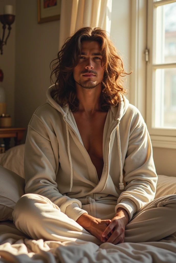 (photorealism:1.2), handsome boy wearing loose off-shoulder top, pajama pants, long hair, indoors, soft lighting, plants in background, window with sunlight, cozy room, relaxed pose, realistic, intricate details, warm colors, by Greg Rutkowski, by Alphonse Mucha, six pack, not wearing clothes