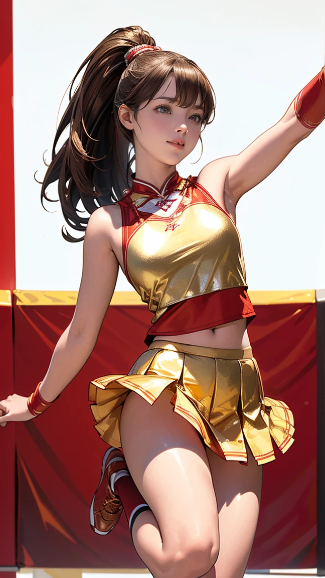 (8x_NMKD-Superscale_150000_G, 8k, best quality, high resolution, masterpiece), ((from below)), (((sStanding posture, leg up))), ((1 girl, 18 years old)), (Cheergirl, flat chest, Frilled panties)