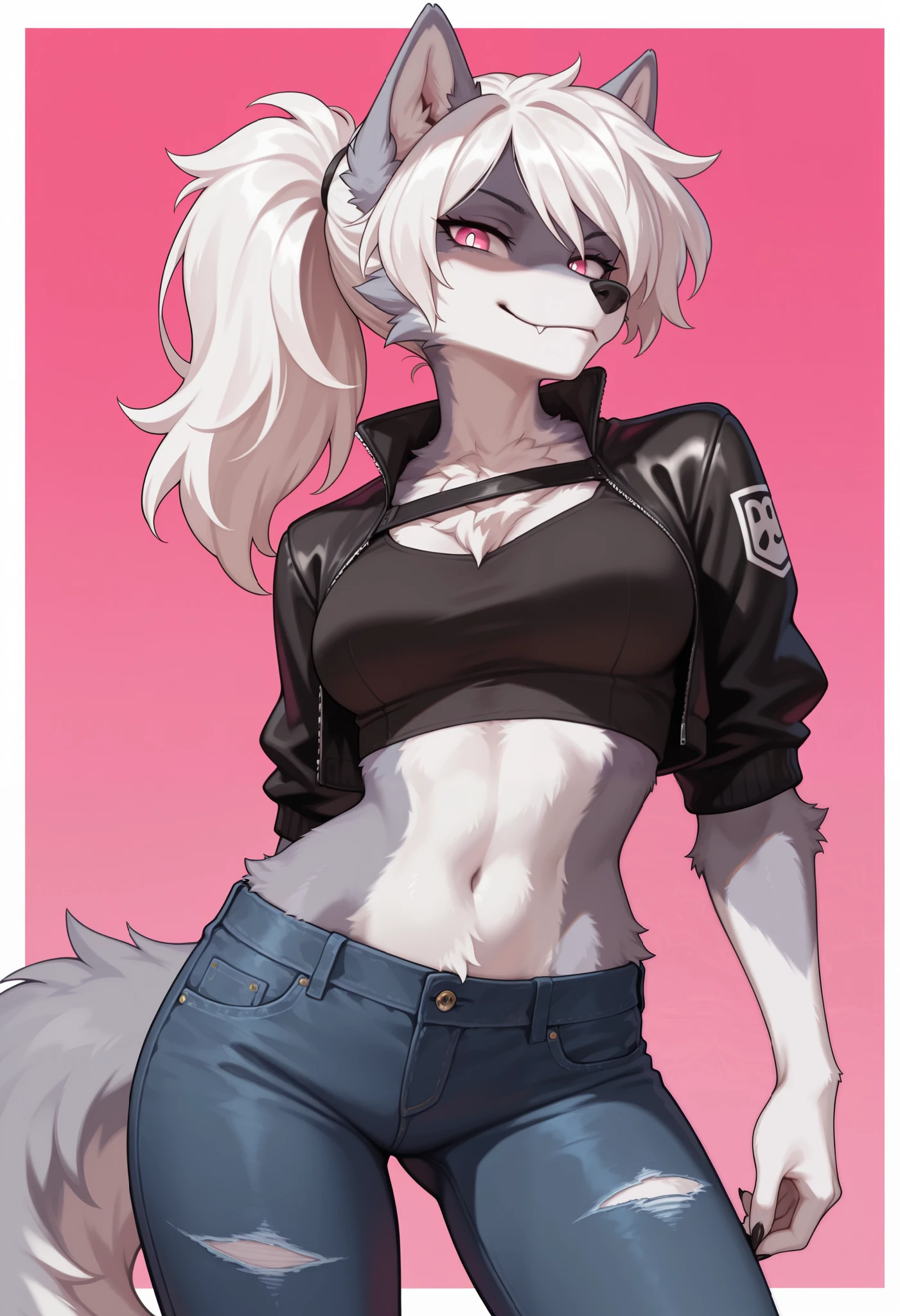 masterpiece, best quality, amazing quality, furry, furry female, wolf girl, tomboy, aged up, contrapposto, smirk, looking at viewer, shaded face, silver fur, (body fur), fluffy, white hair, ponytail, pink eyes, white pupils, snout, [fangs], claws, fluffy fur, detailed fur, medium breasts, wide hips, cropped jacket, cropped shirt, midriff, jeans, simple background, pink background, white border, highres, absurdres
