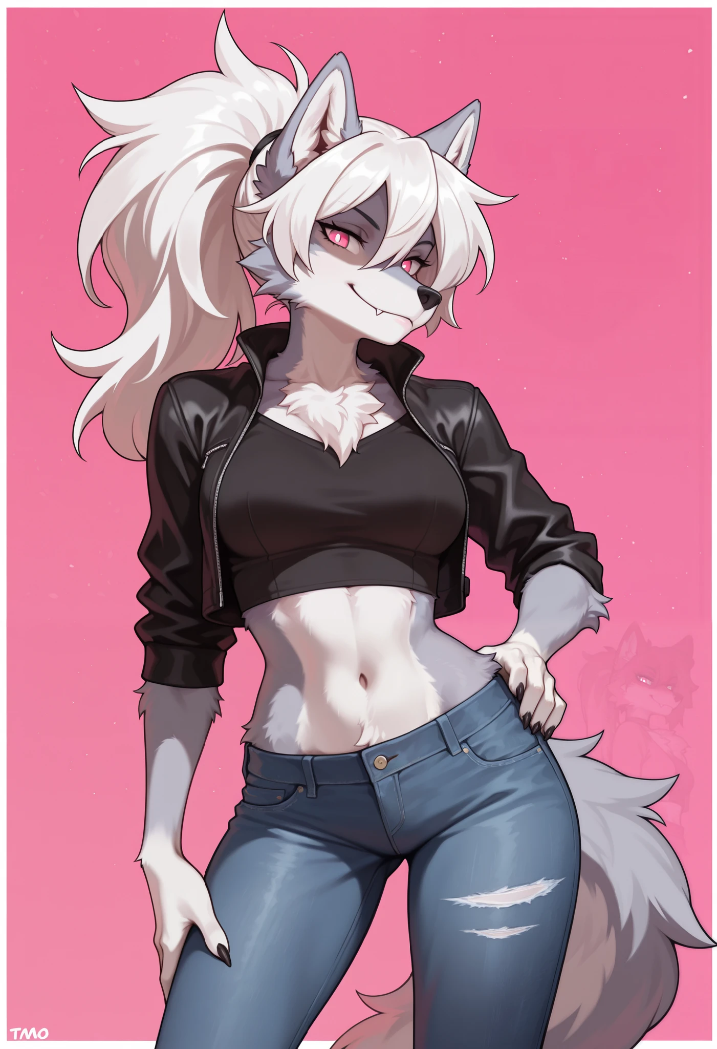 masterpiece, best quality, amazing quality, furry, furry female, wolf girl, tomboy, aged up, contrapposto, smirk, looking at viewer, shaded face, silver fur, (body fur), fluffy, white hair, ponytail, pink eyes, white pupils, snout, [fangs], claws, fluffy fur, detailed fur, medium breasts, wide hips, cropped jacket, cropped shirt, midriff, jeans, simple background, pink background, white border, highres, absurdres