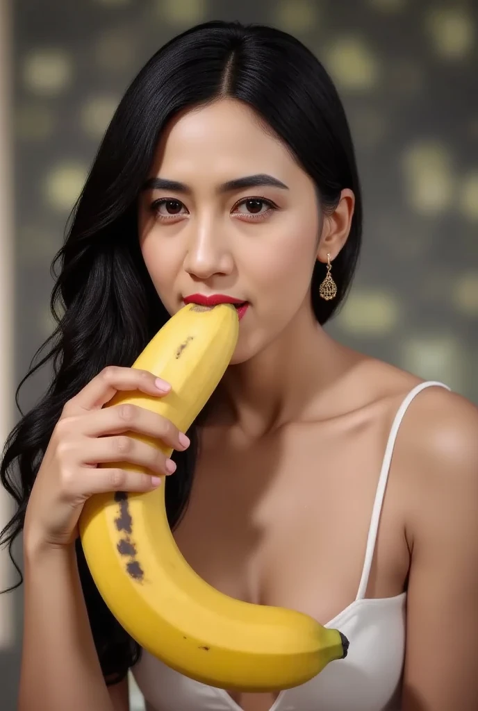 an Indonesian-looking mother wearing a tight red tank top so that her nipples could be seen was posing in a sexy pose while holding a banana covered in thick , the mother licked the banana with a face full of passion.