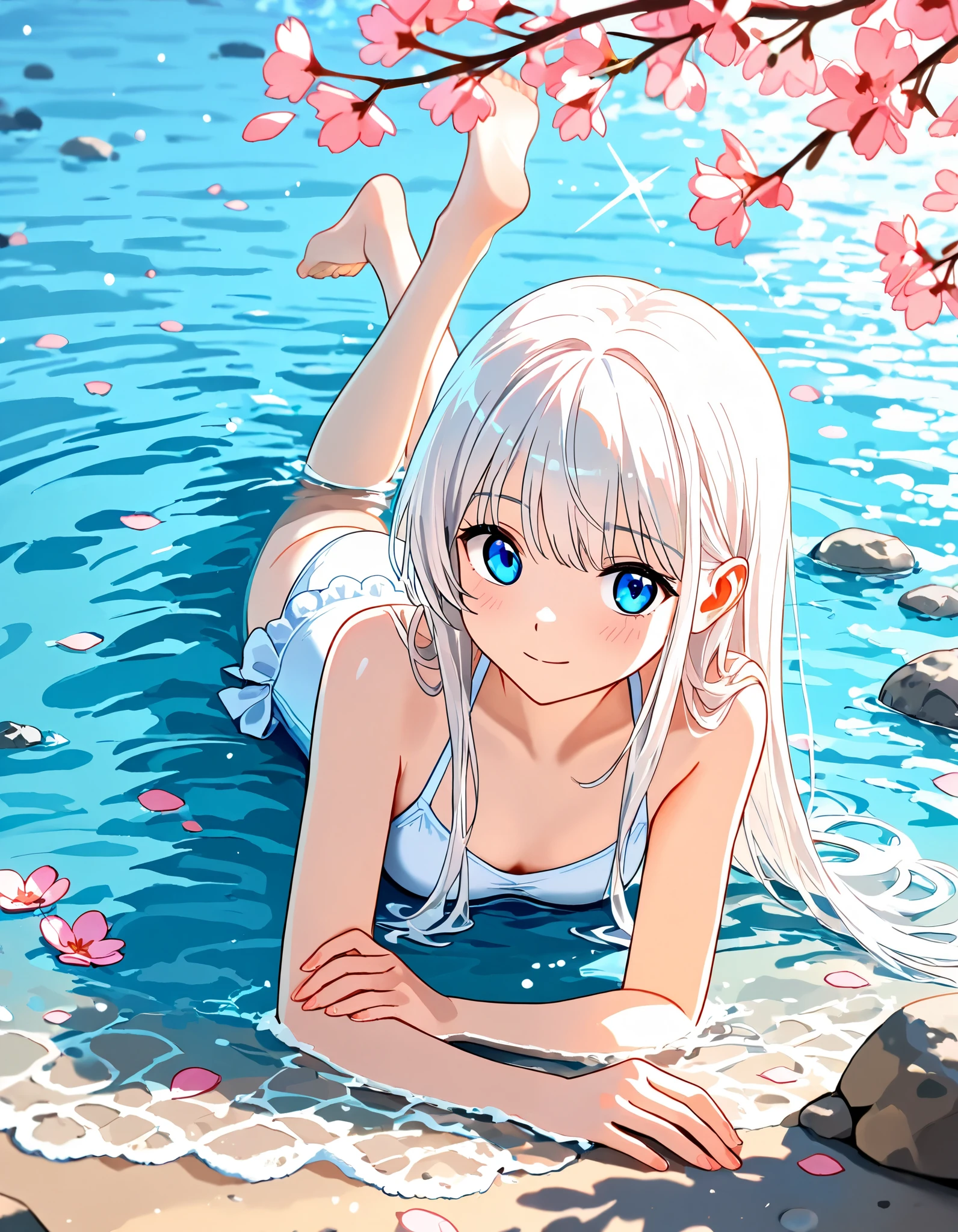 girl, tender, light, emits light, white hair, blue eyes, white swimsuit, the pose is lying , lake, top view, on the water , pink petals float in the water, water shines, the water sparkles, stones, fishes