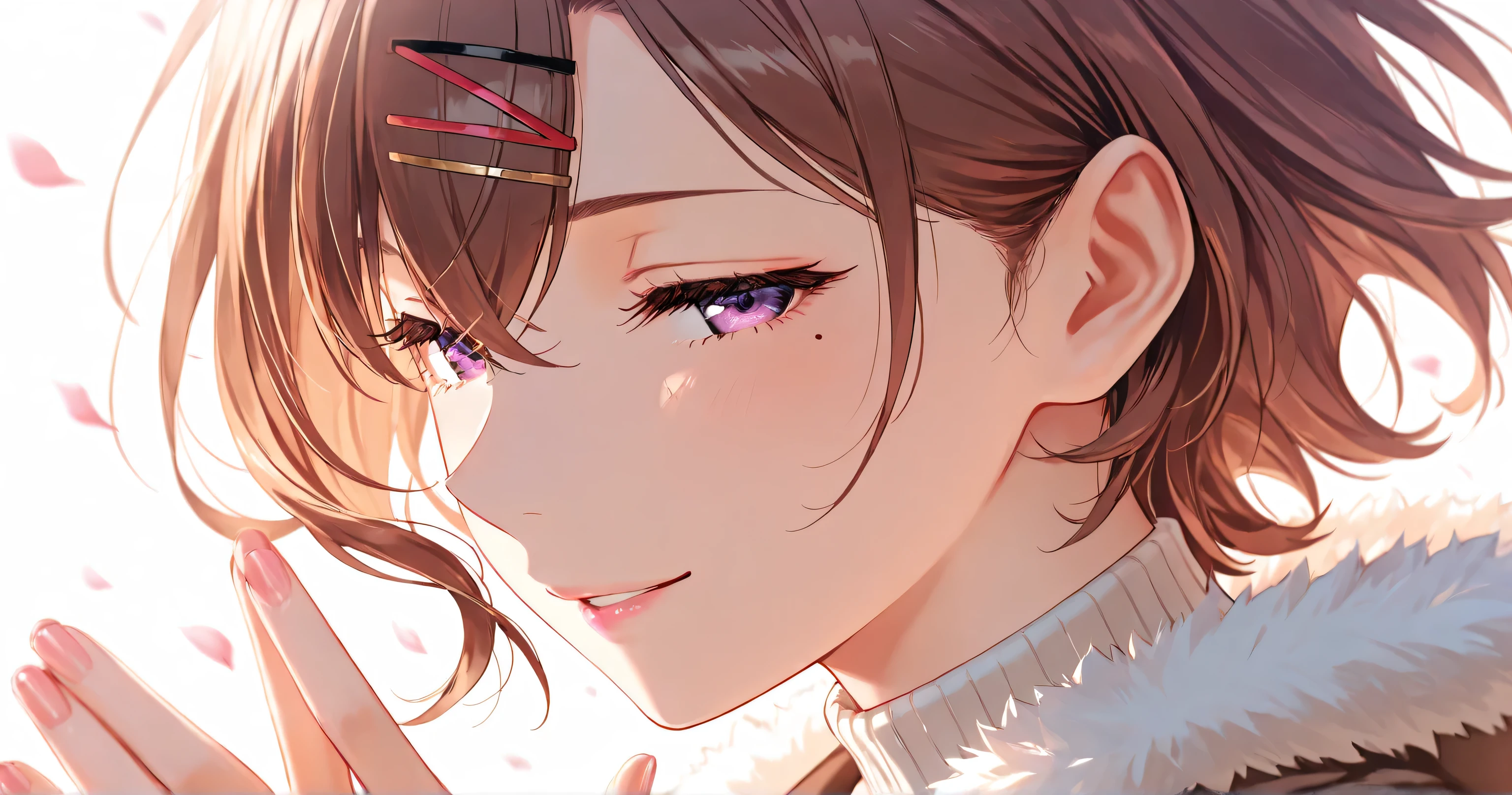 insanely detailed,
She is beautiful,
sharp focus, clear lines, crisp edges, sharp focus on eyes and facial details,
Crisp details, refined lines, rich colors, harmonized tones.
clear eyes(1.3), beautiful eyes, detailed irises, gentle shading, detailed eyes, calm and composed gaze, light reflections,
tousled hair(1.5), delicate strands, silky smooth, floating hair,
fair skin, soft pink lips,
alluring mystique, intense presence, stunning clarity,
delicate yet undeniable strength, ethereal beauty, quiet confidence,
innocent yet captivating, pure aura, like a spring breeze—fragile, yet unyielding.
higuchi_madoka, mole under eye, mole, short hair, hairclip, nail polish, hair ornament, purple eyes bag, sweater, brown hair, jacket, messy short hair, fur trim, brown jacket, turtleneck, fur-trimmed jacket, open clothes, :o, open jacket, pantyhose, casualoutfit,
Masterpiece, best quality, ultra-detailed, 8k resolution,
perfect anatomy(1.3), correct generation of hands(1.3), 4fingers and 1thumbs, visible hands in a natural pose(1.3), both hands clearly visible(1.3), nice hands(1.3), perfect hand(1.3), fingernail(1.3).
1girl(1.7), solo(1.7),
Cherry blossom petals dancing in the wind,
white background, soft ambient lighting.
city background, blurry background, Outdoors,
ideal for a foreign movie or fashion magazine shoot.
2D anime style(1.7),
light smile, Cheerful, bright expression, enjoying smile.
[closed eyes: (narrowed eyes:1.1), happy smil,
face shot, from side, extreme close-up view,
looking at viewer, profile,
highly detailed face, refined body, flawless skin.