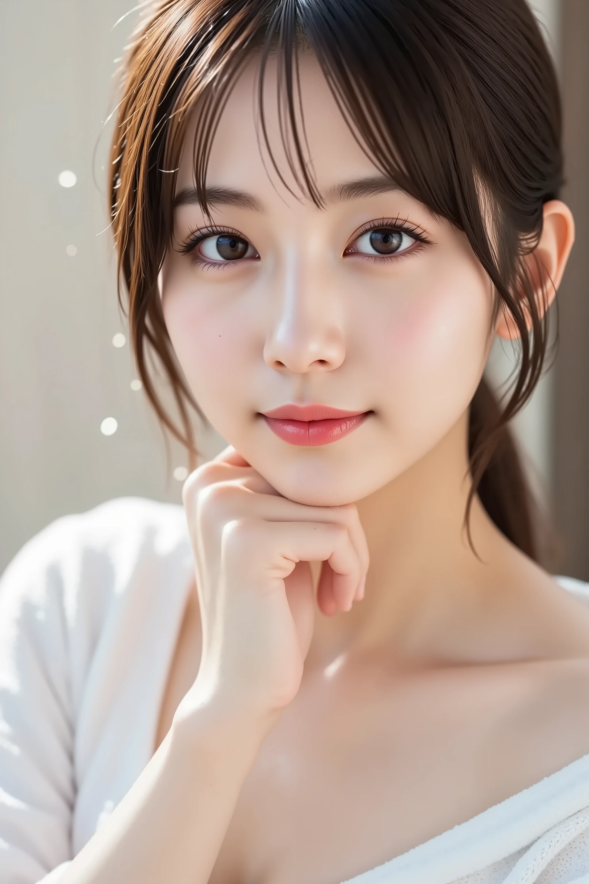 The face is positioned exactly in the center of the image , , the entire head is fully reflected , Face clearly visible、bathrobe, shower head and shower stall, wet long hair、bungs, smile, young and cute japanese face , Official Art, high quality CG Unity 8k wallpaper,Ultra high quality , very well detailed, high quality , FILM GRAIN , lens flare glow , top quality ,8k, The entire head is fully reflected as a portrait shot ,8k, viewer , masterpiece,top quality ,very well detailed, it's cute ,sexy,very well detailedな,detailware features ,beautiful, illustration , beautiful Japanese woman, ladies 1 , Tight Chest