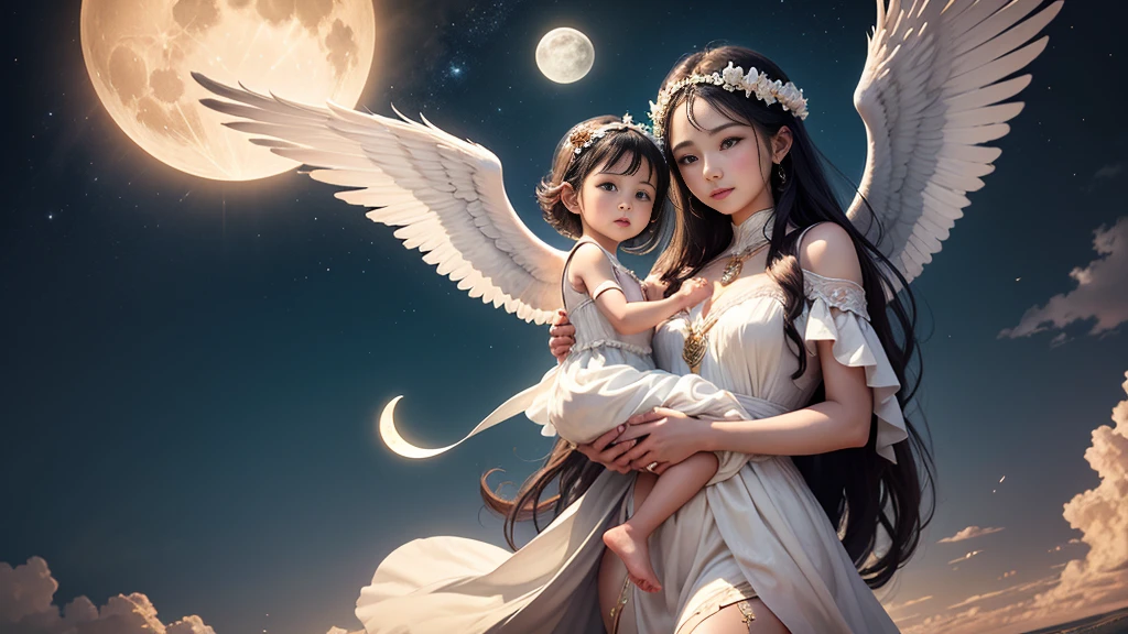 The sun god and the moon goddess hug the little angel next to them --auto