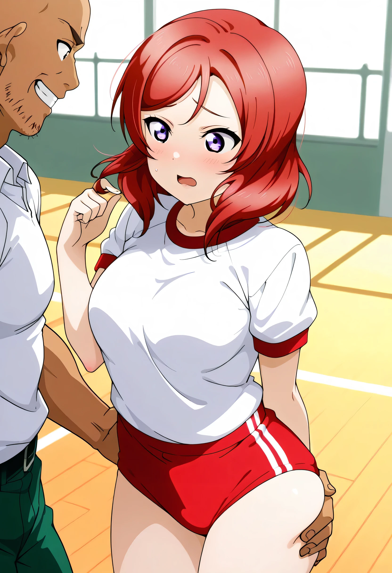 masterpiece, best quality, 1girl, solo, lovelive_maki,white shirt,red buruma, breasts, red hair, medium hair, purple eyes,embarrassing,(surprise),((furrowed brow)),blush,look away, open mouth,hair twirling,standing,hand in own hair,arm behind back,schoolyard,a BREAK b nsfw,onikuma,
Green pants,white shirt,
bald, muscular, muscular man
facial hair, ugly, ugly face,grin, 1man grabbing another’s ass,