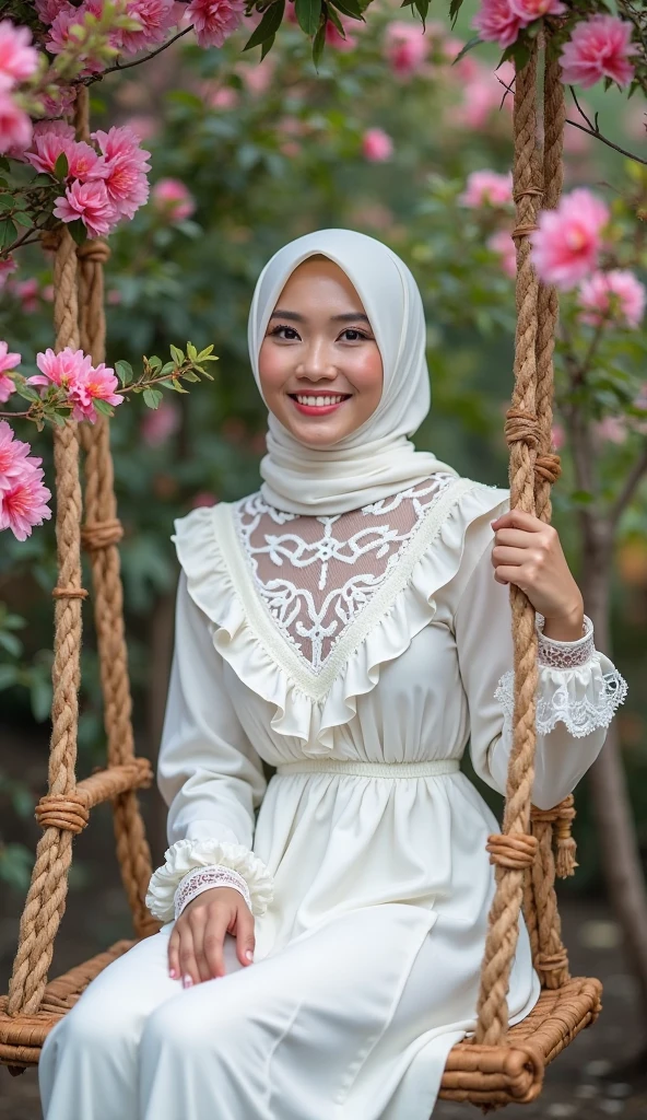 (Portrait of a Malaysian girl, Beaming:1.4), ((Masterpiece, best quality, undercover)), Beautiful woman 15 years old, (Slim shape, , small breasts, Swollen nipples:1.3), (The skin is extremely shiny and refined.:1.3), leg, (wear hijab, pink see through flare sleeve oversize lace baju kurung:1.4), (Wear a tight satin skirt.:1.3), (sexy, seductive pose:1.3), (see through:1.5), (epic, fog, farm, lagoon, พื้นหลังเนินเlegสวิสสปริงอันเขียวชอุ่ม:1.3), (UHD, 8K wallpaper, high resolution), movie light, Physical rendering, won, Very detailed skin, Carl Zeiss 85 mm. F/1.4, By Ellen von Unwerth,Dasha,Masterpiece,best quality