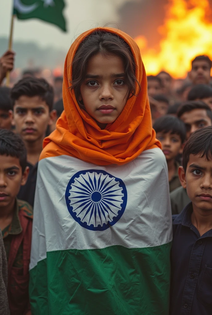 An Islamic girl wearing a hijab holds a Bangladeshi flag in her hand and fire under her feet