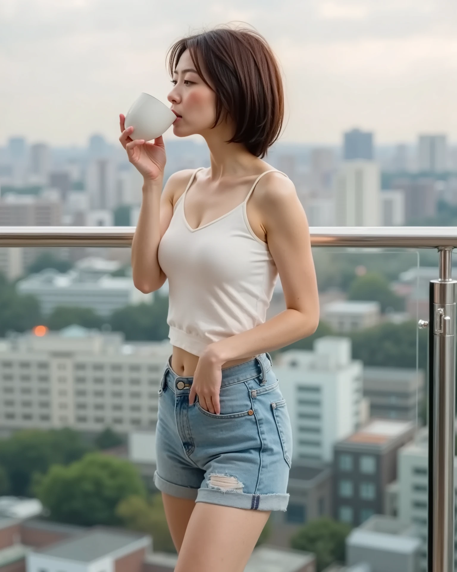(Photorealistic:1.8, highest quality:1.8,8K masterpiece:1.8,High resolution,Mastepiece:1.8,RAW Photos,Cinematic lighting),No split screen、morning、Cafe、（A female college student sitting at the counter and waving:1.5)、(Soryu Asuka Langley)、Photo from behind、
（Completely naked、choker、Medium chest、White Shirt、Tight micro short denim、Wide open chest、Beautiful thighs、Plump nipples）、Spread your legs、holding a coffee cup、
Bobcut、(Beautiful, shining red, blue, white, brown and silver hair:1.5)、Sparkling Blue Eyes、
greet、Smile