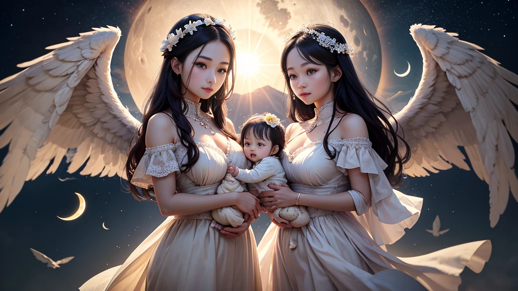 The sun god and the moon goddess hug the little angel next to it --auto
