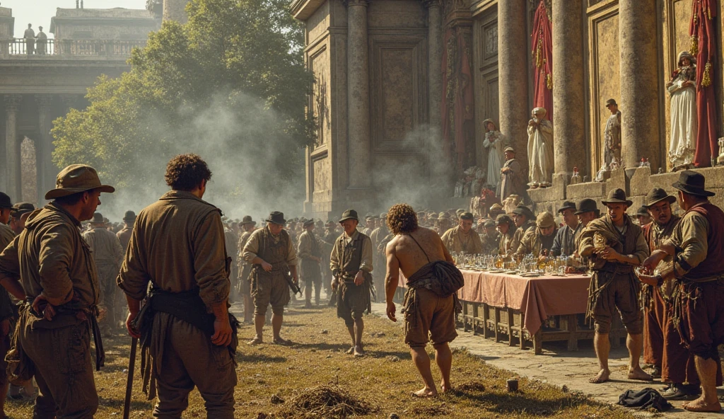 Parading to war with other Romans on a sunny day. Prepared to fight for Rome. Banners. Pilum.