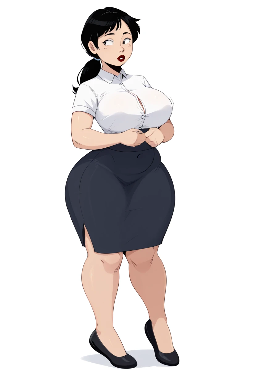 Expressiveh, egirlthot, chibiIcon, , score_9, score_8_up, score_8, (top quality,8k wallpaper),(masterpiece,best quality:1.2), ((source_anime, anime)), 1girl, , , ((black hair, long hair, )), old, mother, milf, teacher , ,, white skin, makeup, , saggy breasts, amused eyes, amused smile, , , wide eyes, jealous, jealousy, very jealous, yandere, caring, teaching , professor, , , black eyebrows, , , , egirlthot, , obsessive, , black mascara, black eyeliner, blue eyes, , , Goth girl, egirlthot, , , big sister, , large eyes, beauty mark, , giggling, laughing, leaning , , athletic , long fingernails,s1z3d1ff_t4lk, taller girl, standing, legs straight, bent forwards, arched back, hands on knees, , [[from below]:0.5], pov, eye contact, chibi, icon, cartoon, big head, wide hips, wide torso, plump, big eyes, big belly, saggy breasts, bursting breasts, clothed, 