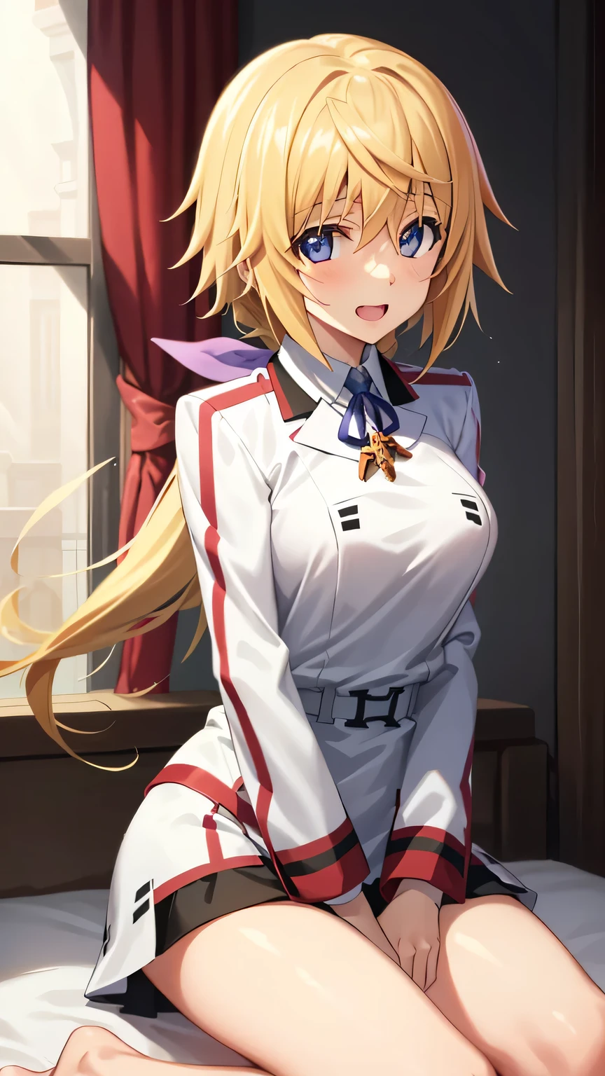 {{{masterpiece}}}, (best quality:1.5), (ultra-detailed:1.5), {illustration}, {{an extremely delicate and beautiful}}, (beautiful detailed eyes:1.6), absurdres, highres, extremely detailed face, 16k, hd, visual anime de uma jovem mulher, extremamente bonito rosto de anime, anime melhor garota, (perfect hands, perfect anatomy), anime face, sd1, charlotte dunois(Infinite Stratos), 1girl, solo, cute face, long hair, blonde hair, pink hair ribbon, hair between eyes, (purple eyes:1.2), ponytail, yellow pendant, medium breasts, big hips, curvaceous, BREAK, {school uniform}, military uniform, (white military uniform:1.5), long sleeves, (white sleeves:1.5), blue neck ribbon, white belt, microskirt, white skirt, barefoot, BREAK, night, indoor, bedroom, on the bed, window, moonlight, open mouth, smiling, confession, embarrassed, flushed cheeks,from front, looking at viewer, dark room, covering chest by one hand, knees together feet apart, sit