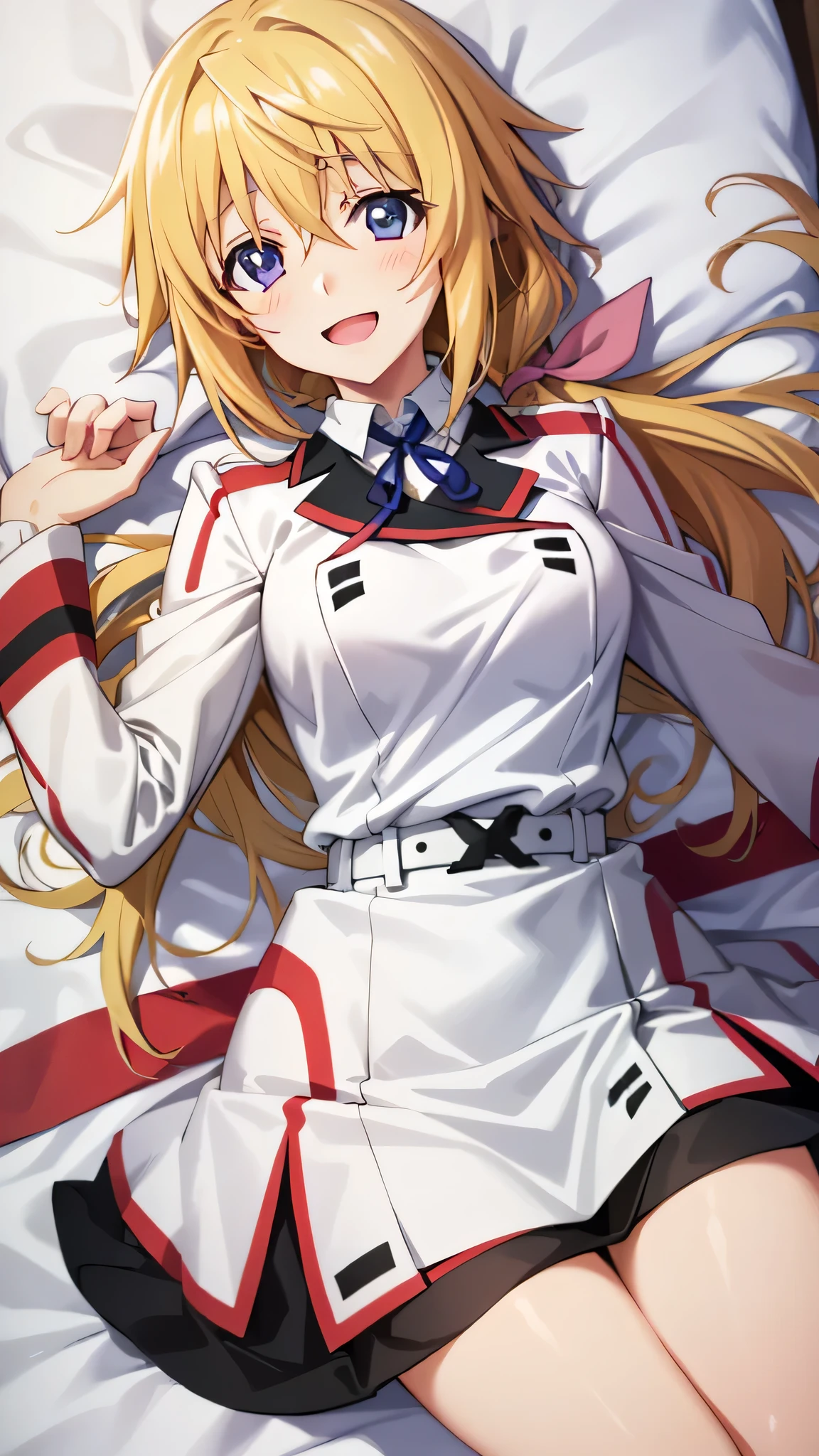 {{{masterpiece}}}, (best quality:1.5), (ultra-detailed:1.5), {illustration}, {{an extremely delicate and beautiful}}, (beautiful detailed eyes:1.6), absurdres, highres, extremely detailed face, 16k, hd, visual anime de uma jovem mulher, extremamente bonito rosto de anime, anime melhor garota, (perfect hands, perfect anatomy), anime face, sd1, charlotte dunois(Infinite Stratos), 1girl, solo, cute face, long hair, blonde hair, pink hair ribbon, hair between eyes, (purple eyes:1.2), ponytail, yellow pendant, medium breasts, big hips, curvaceous, BREAK, {school uniform}, military uniform, (white military uniform:1.5), long sleeves, (white sleeves:1.5), blue neck ribbon, white belt, microskirt, white skirt, barefoot, BREAK, lying, on back, smiling, open mouth, embarrassed, flushed cheeks, looking at viewer, on the bed, Dakimakura, CarnelianDakimakura