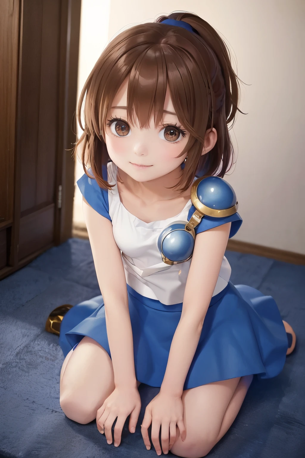 (((SFW、sound、Highest quality、 Super Horrible Leotard 、 normal body of a real person 、8k、 detailed faces 、 super accurate 、 real color 、通常See also、5See also、Highest)))、 beautiful girl、 brown hair、 bob cut from the front、slender、 The length is short 、細いfeet、Arles、Squishy4、 Magician、Blue short sleeve shirt、 white tank top with sleeves over fingers 、 Tank top shirt、 blue miniskirt、Half shoulder pad、 Short sleeve 、、Dungeons、 feet 、torn clothes、 torn tank top 、 Torn Shirts 、ripped skirt、 I turned my skirt upside down、 has a ragged skirt 、 I can see his white pants 、 have broken.、Exposed Muscle、opens legs、on all fours、 defecate、I'm shy、 troubled face