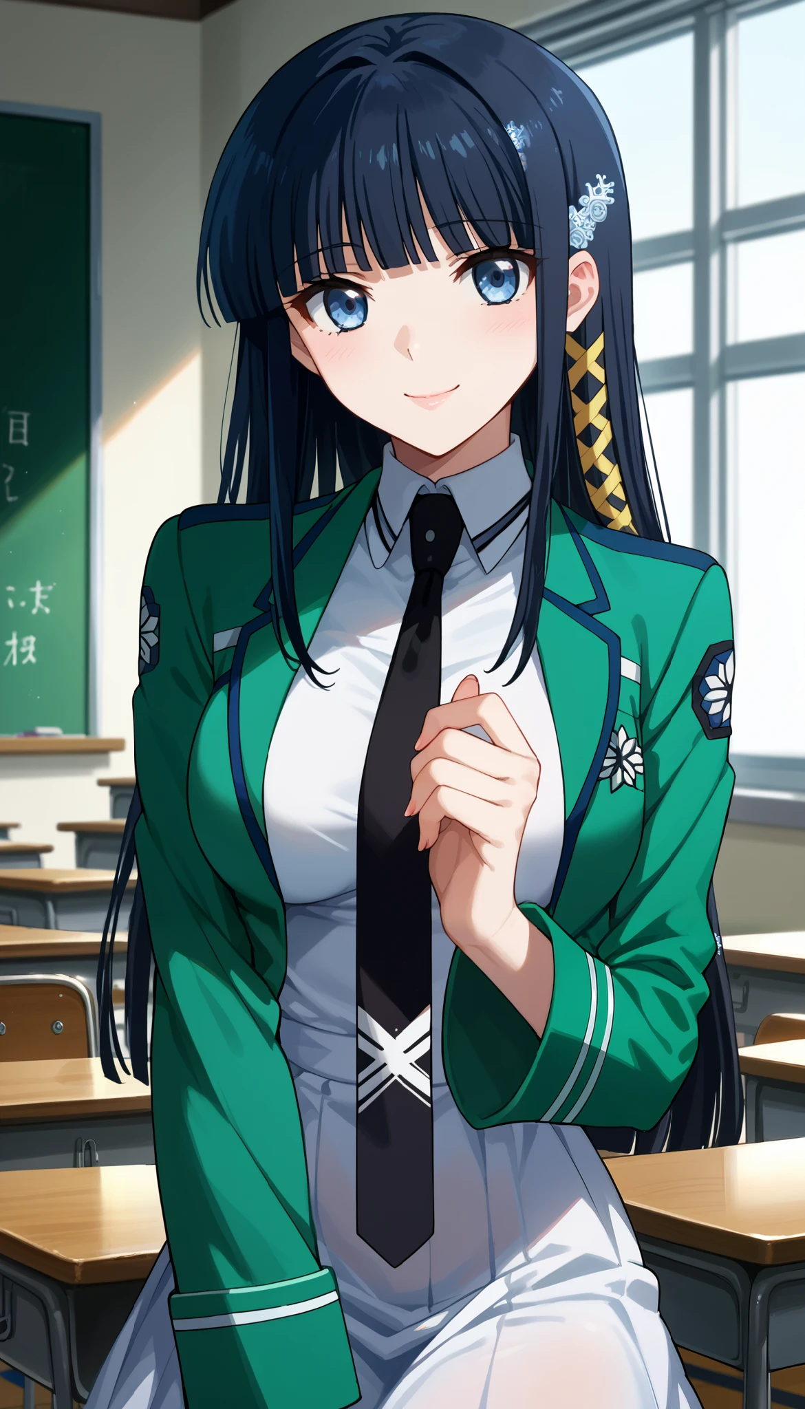 score_9, score_8_up , score_7_up , source_anime,4K, perfect fingers,(perfect hands, perfect anatomy),(Aesthetic Anime Eyes:1.3),(feature large highlight:1.4),classroom,Alone,24 years old,adult woman,
miyukishiba, Miyuki Shiba, long hair, blue eyes, black hair, hair ornament, ribbon, hair ribbon, snowflake hair ornament, bangs, blunt bangs,Large Breast,Puffy Lips,
 wearing ,long sleeves, green short jacket, school uniform, pantyhose, necktie, (white long dress:1.2), black necktie,View your viewers, smile,