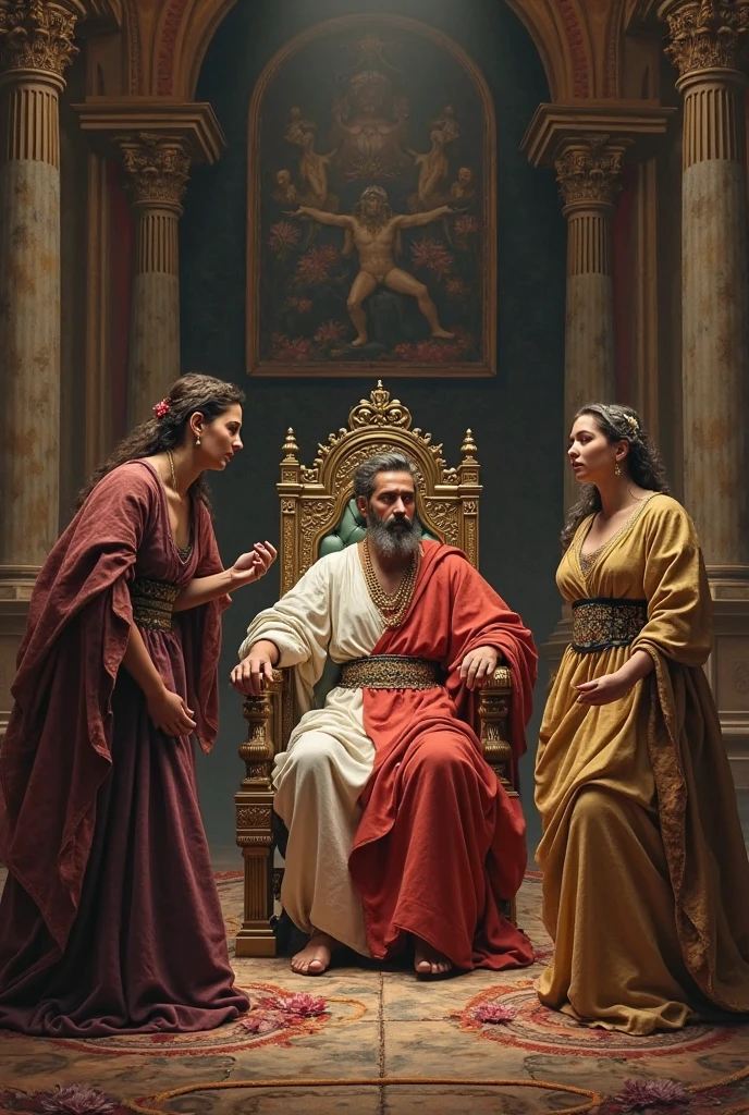 SOLOMON WITH SEVERAL WOMEN, biblical attire, he is sitting on the throne and the women around him