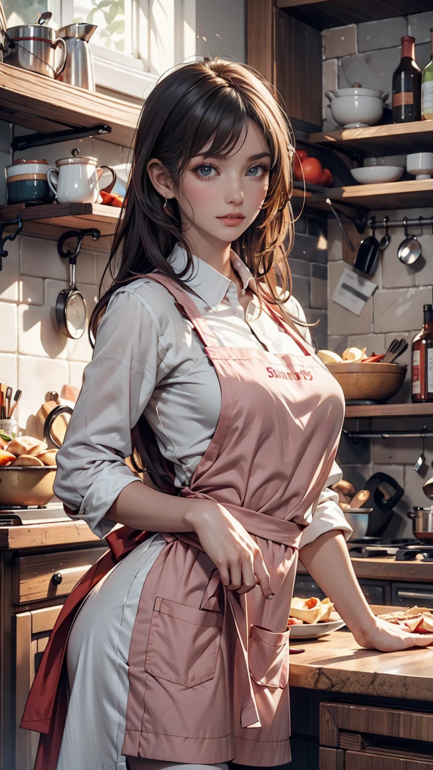 World Cup style, woman, Obscene pose, Captivating look, apron, kitchen, medieval setting、Sexy、Sexy proportions、Curved waist