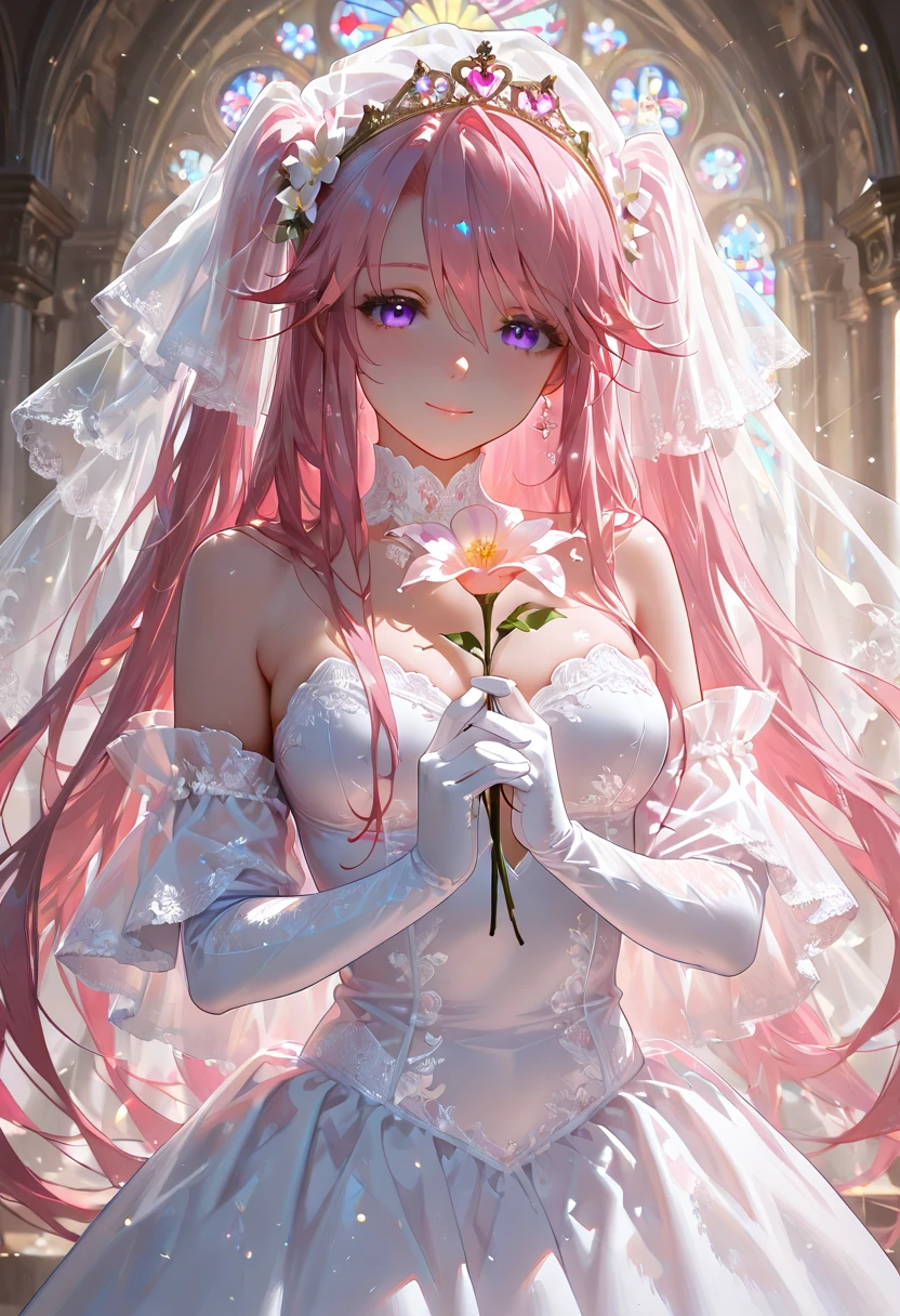long light pink hair,Light pink wedding dresses,8k wallpaper,detailedbackground,Highest high resolution,Deep V Big,Hair covering one eye,Bandeau Wedding Dress,chies,white roses and pale pink roses,tight fitted,Stockings