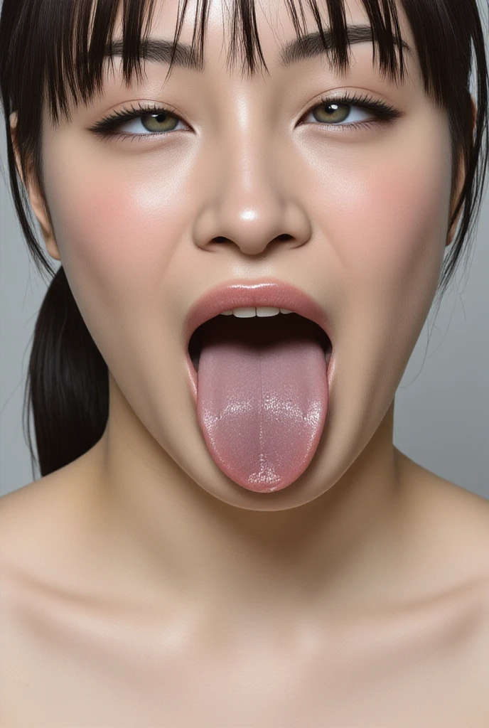 (Highest quality、Tabletop、8K、Best image quality、Award-winning works)、One beautiful woman、Perfect Makeup、Lustrous and bright lips、Accurate anatomy、(Tongue close-up:1.5)、(nude:1.3)、Ultra-high definition beauty face、Ultra HD Hair、Super high quality sparkling eyes、(Ultra-high resolution glossy skin:1.1)、Super high quality glossy lip、(Open your mouth and extend your tongue:1.2)、(Perfect beautiful tongue:1.2)、(tongue covered with saliva,:1.2)、(Pale pink plain background:1.1)、Black brown hair、Sweaty skin、(Moist and shiny tongue:1.2)、Look straight ahead、(Very long tongue:1.2)